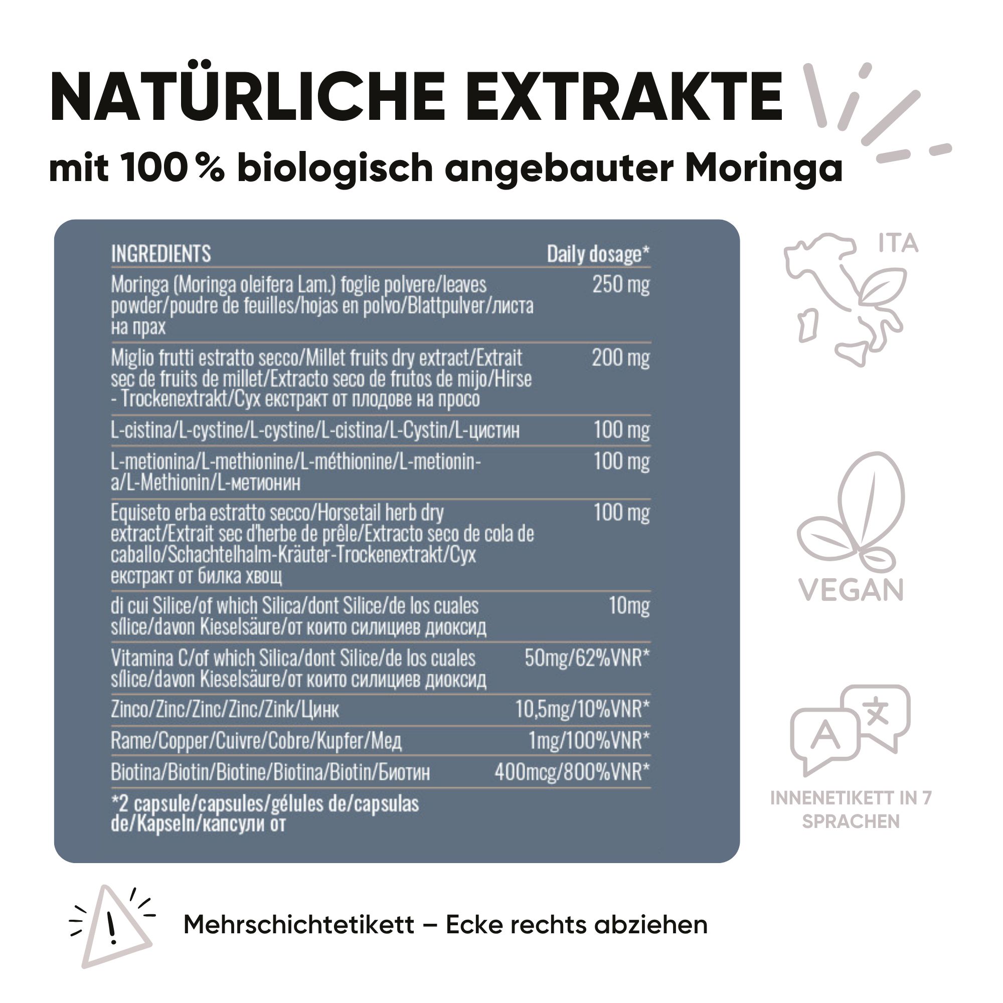 Zutatenliste mit Moringa, Hirse, Biotin. Siegel: Vegan, Inneneinwicklung in 7 Sprachen.