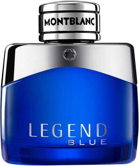 Blauer Flakon mit silbernem Deckel. Aufschrift: LEGEND BLUE, MONTBLANC.