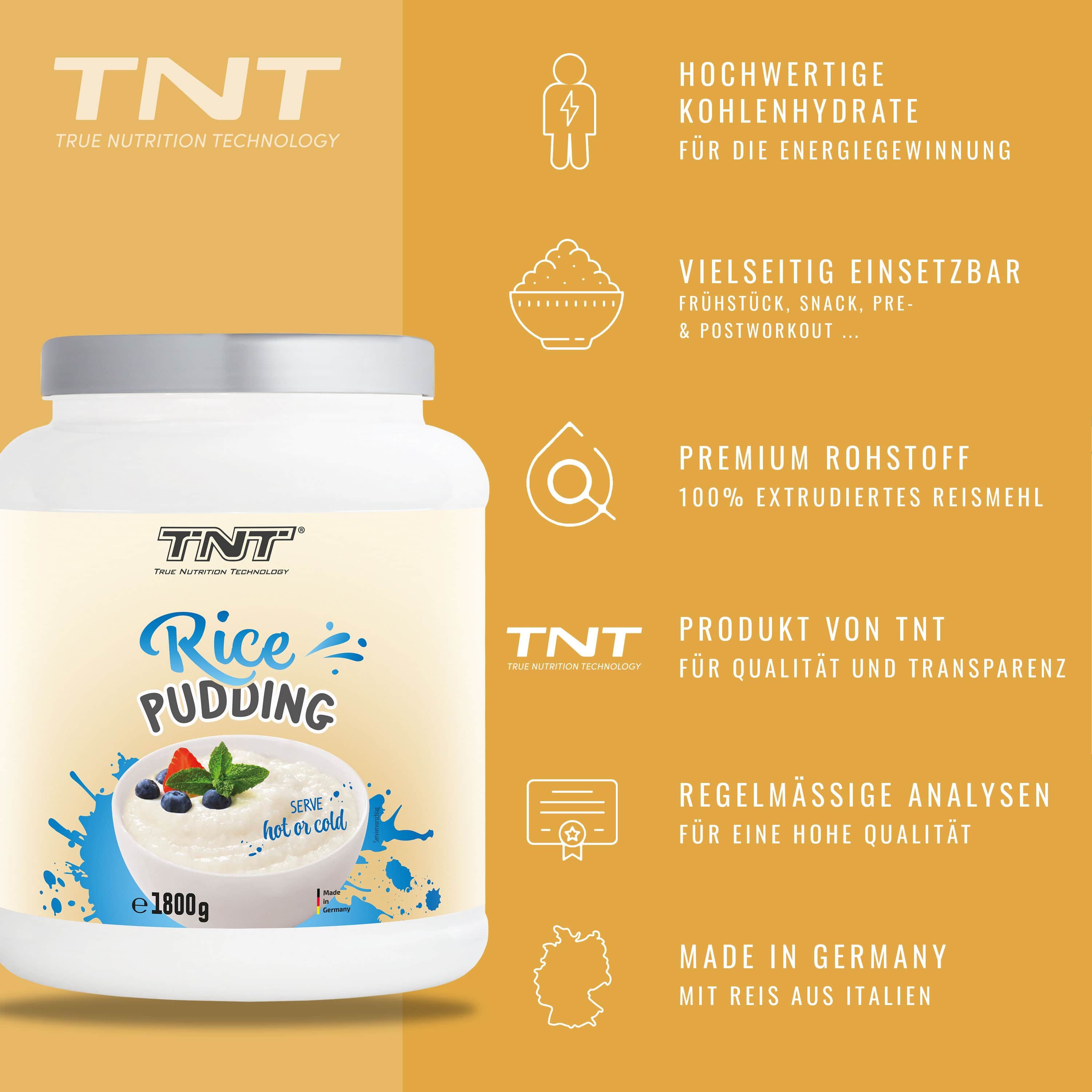 TNT Rice Pudding-Behälter mit Infografiken. Text: Hochwertige Kohlenhydrate, vielseitig einsetzbar, Premium-Rohstoff, Produkt von TNT, Made in Germany.