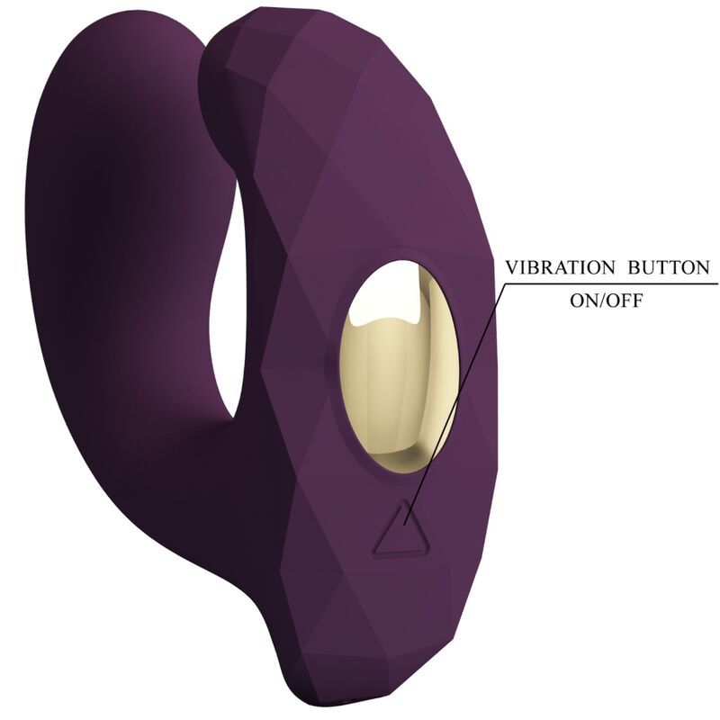 Lila Vibrator mit U-Form. Goldfarbene Öffnung. Beschriftung: Vibration Button On/Off. Geometrische Oberfläche.