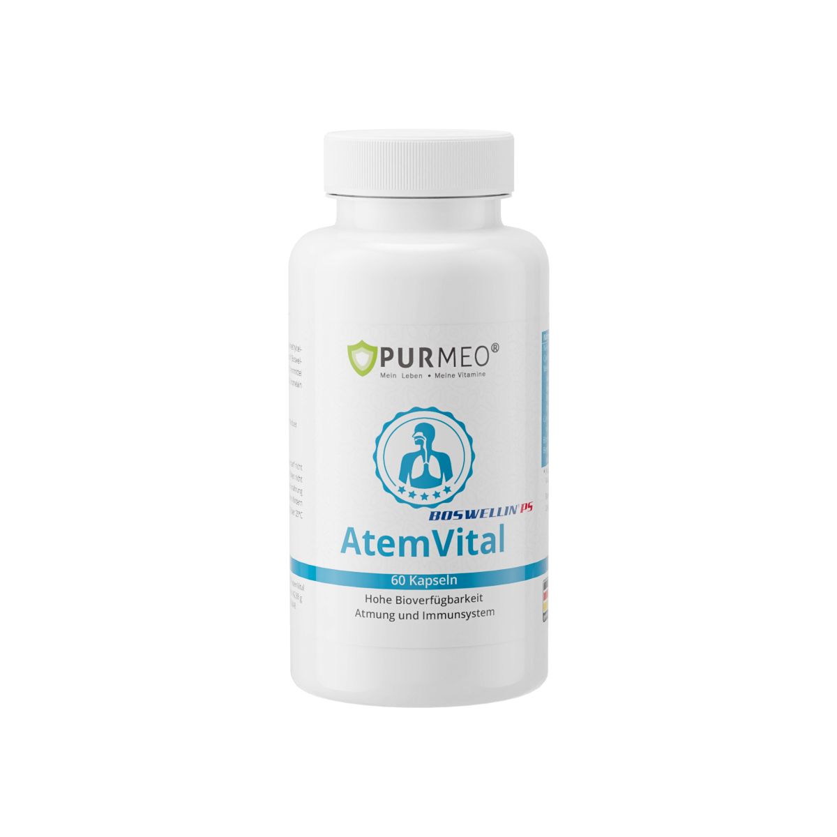 Weiße Flasche mit Schraubverschluss. Etikett mit Logo, Produktname 'AtemVital' und Inhaltsangaben. 60 Kapseln.