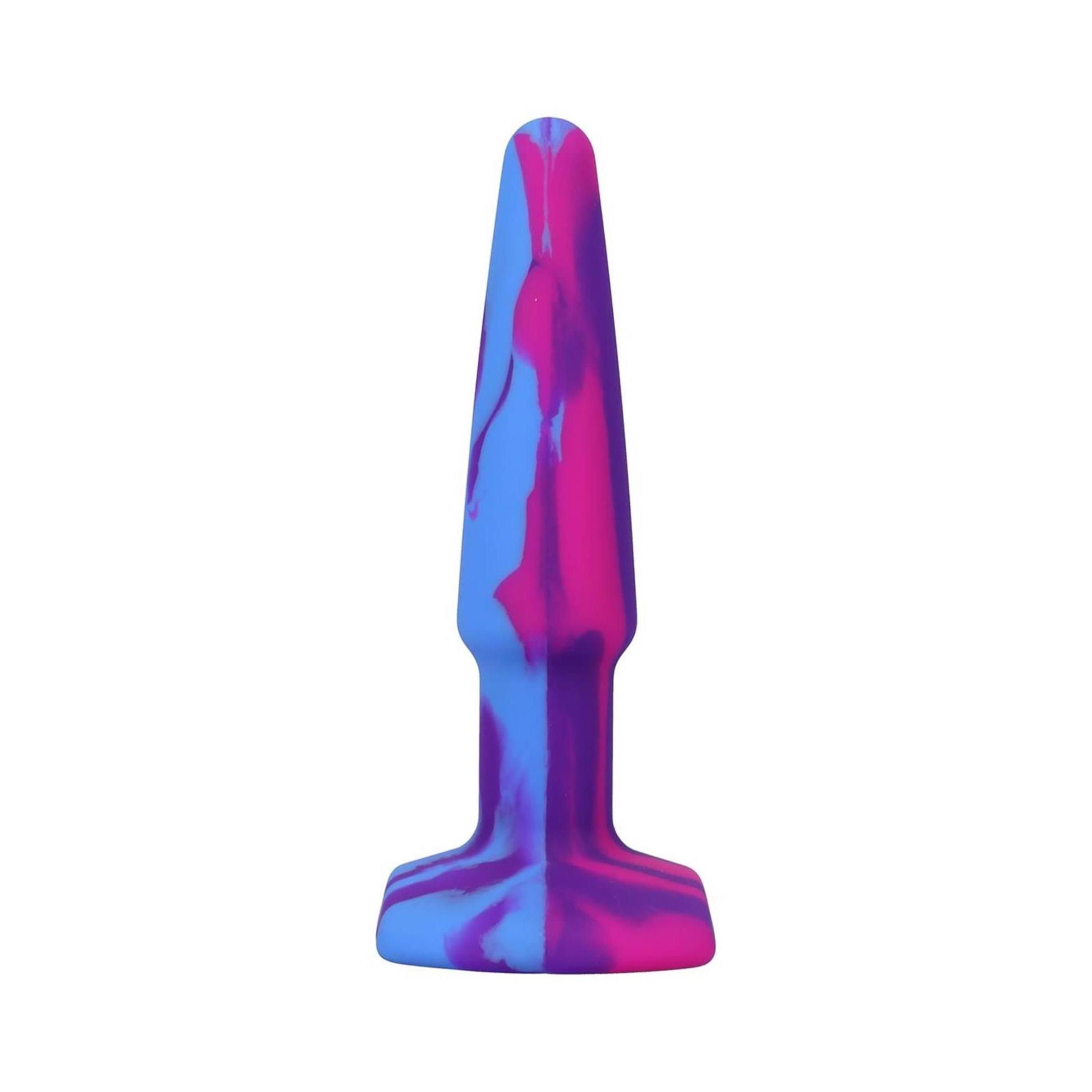 Analplug aus Silikon. Blau, pink und violett. Konische Form mit breiter Basis.