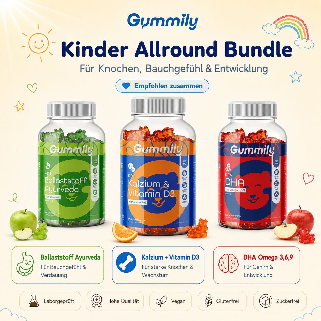 Gummily Kinder Allround Bundle: Ballaststoff, Kalzium + Vitamin D3, DHA Omega 3.