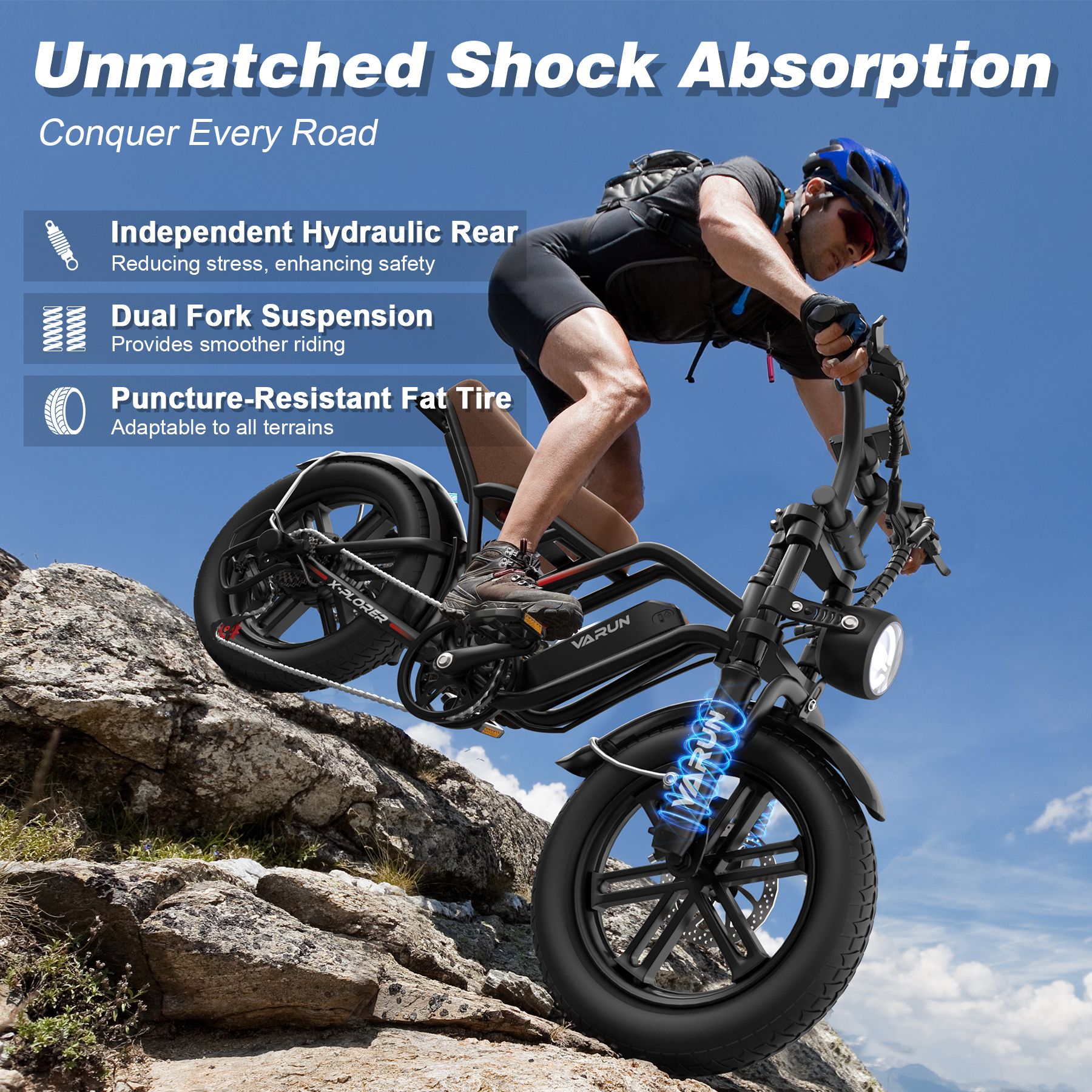 VARUN X-Plorer E-Bike in Aktion auf felsigem Gelände. Text: Unmatched Shock Absorption, Independent Hydraulic Rear, Dual Fork Suspension.