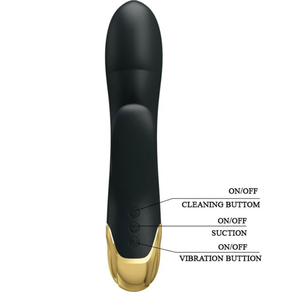 Schwarzer Vibrator mit goldfarbenem Sockel. Beschriftung: ON/OFF, Cleaning Button, Suction, Vibration Button.