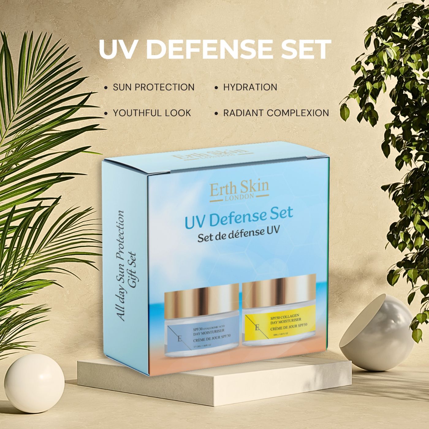 Geschenkset mit zwei Cremes. Auf der Verpackung steht "Erth Skin London UV Defense Set". Die Cremes haben goldene Deckel und Etiketten.