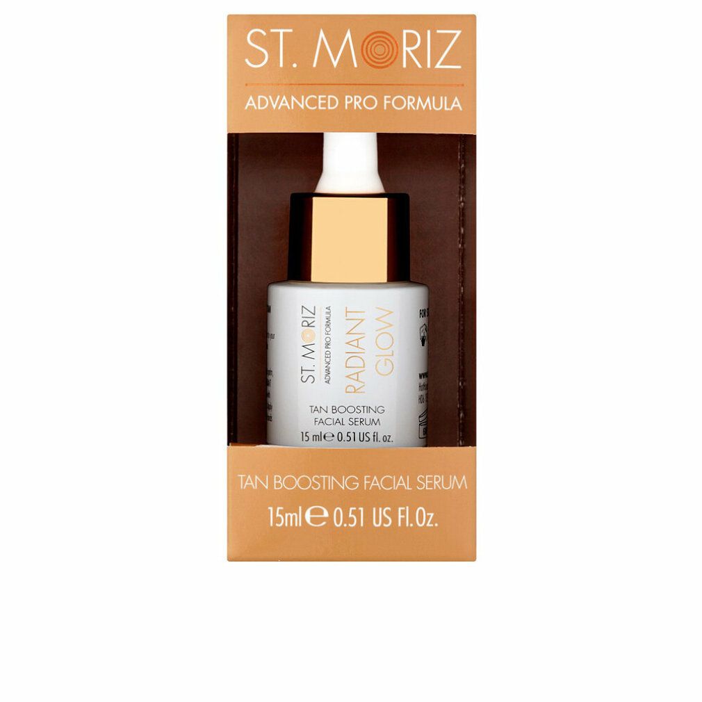 Serumflasche in Verpackung. Aufschrift: St. Moriz, Advanced Pro Formula, Radiant Glow, Tan Boosting Facial Serum.