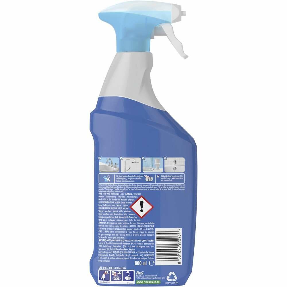 Rückseite der Meister Proper Badreiniger Spray Flasche. Blaue Flasche mit Produktinformationen, Piktogrammen und Warnhinweisen. 800 ml.
