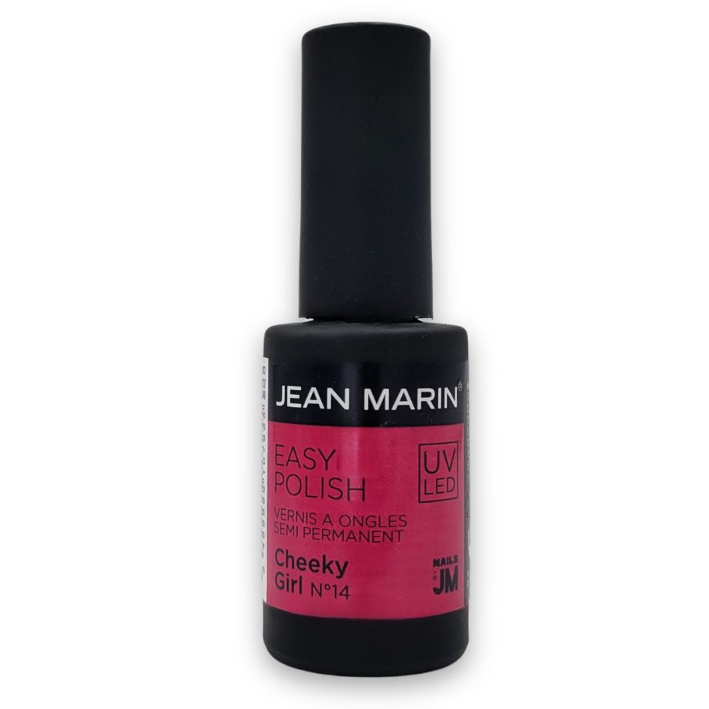 Flasche Nagellack, schwarz mit pinkfarbenem Etikett. Aufschrift: JEAN MARIN, EASY POLISH, Cheeky Girl N°14. UV LED-Logo.
