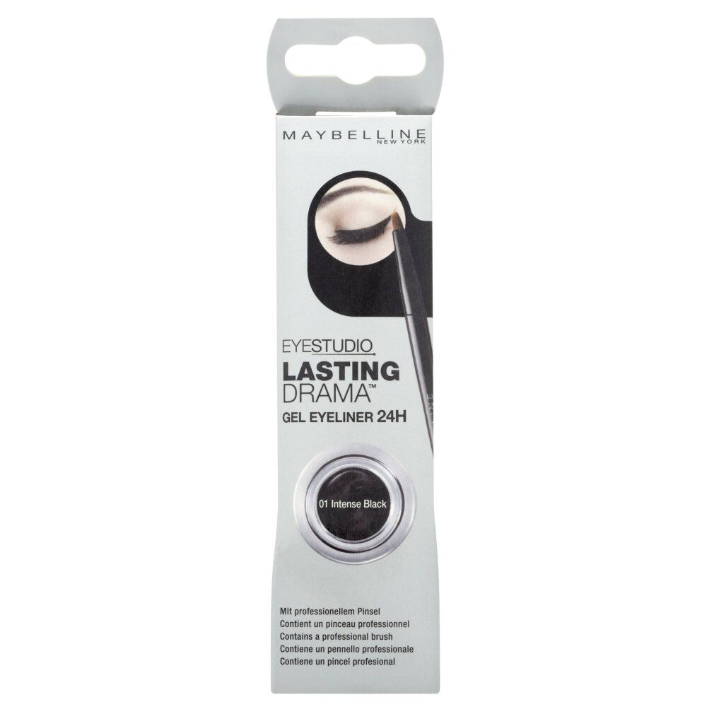 Verpackung mit schwarzem Gel-Eyeliner. Marke Maybelline New York. Text: Eye Studio, Lasting Drama 24H.