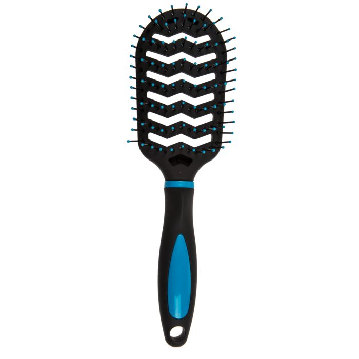 Brosse à cheveux avec manche noir et accents bleus. Picots bleus.