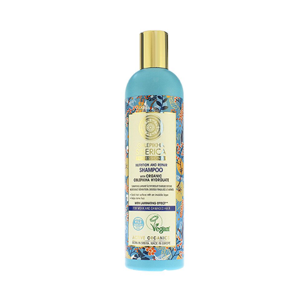 Oblepikha Siberica Shampoo: Blaue Flasche mit floralem Muster, goldener Verschluss. Enthält 400 ml.