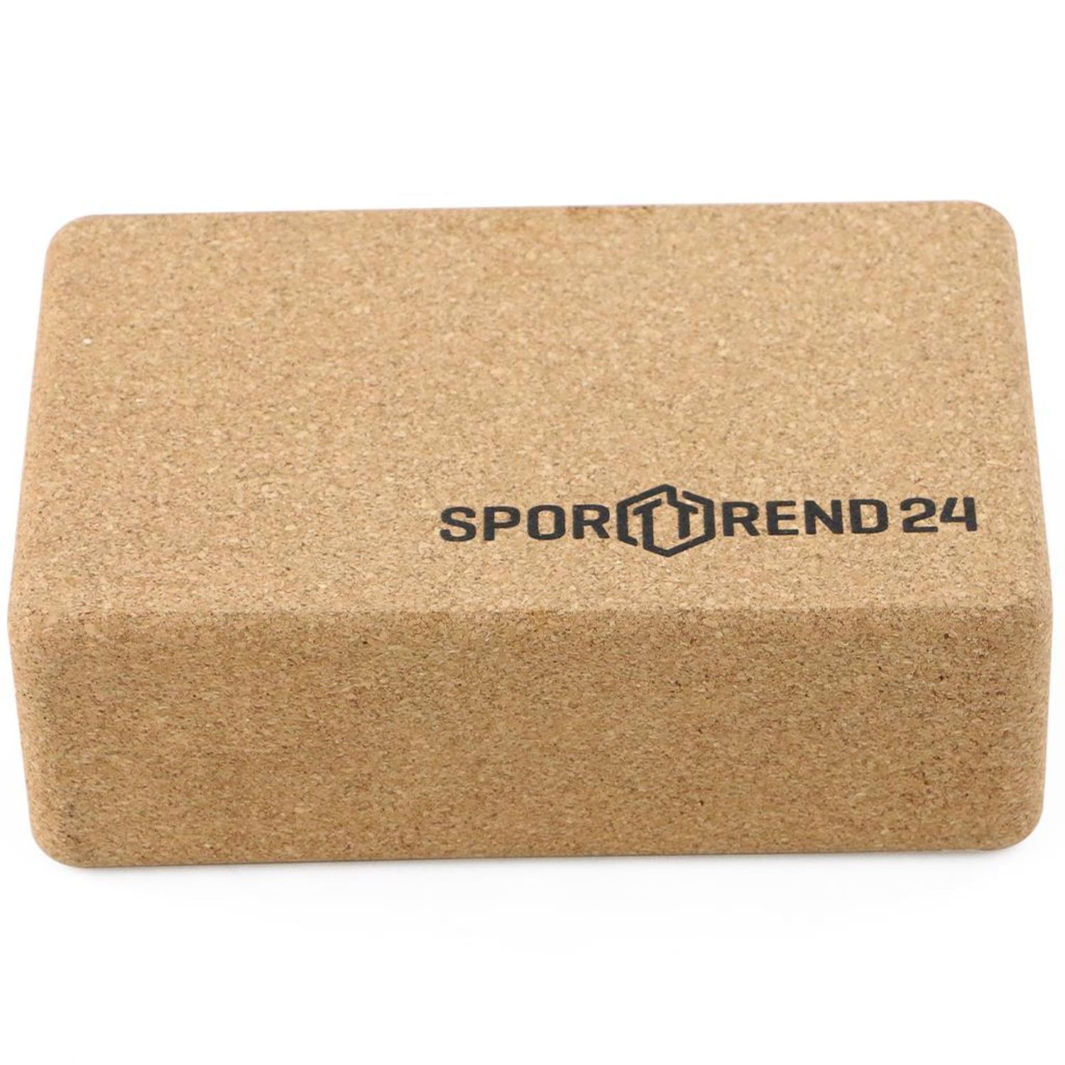 Yoga-Block aus Kork. Der Block hat das Logo Sporttrend24.
