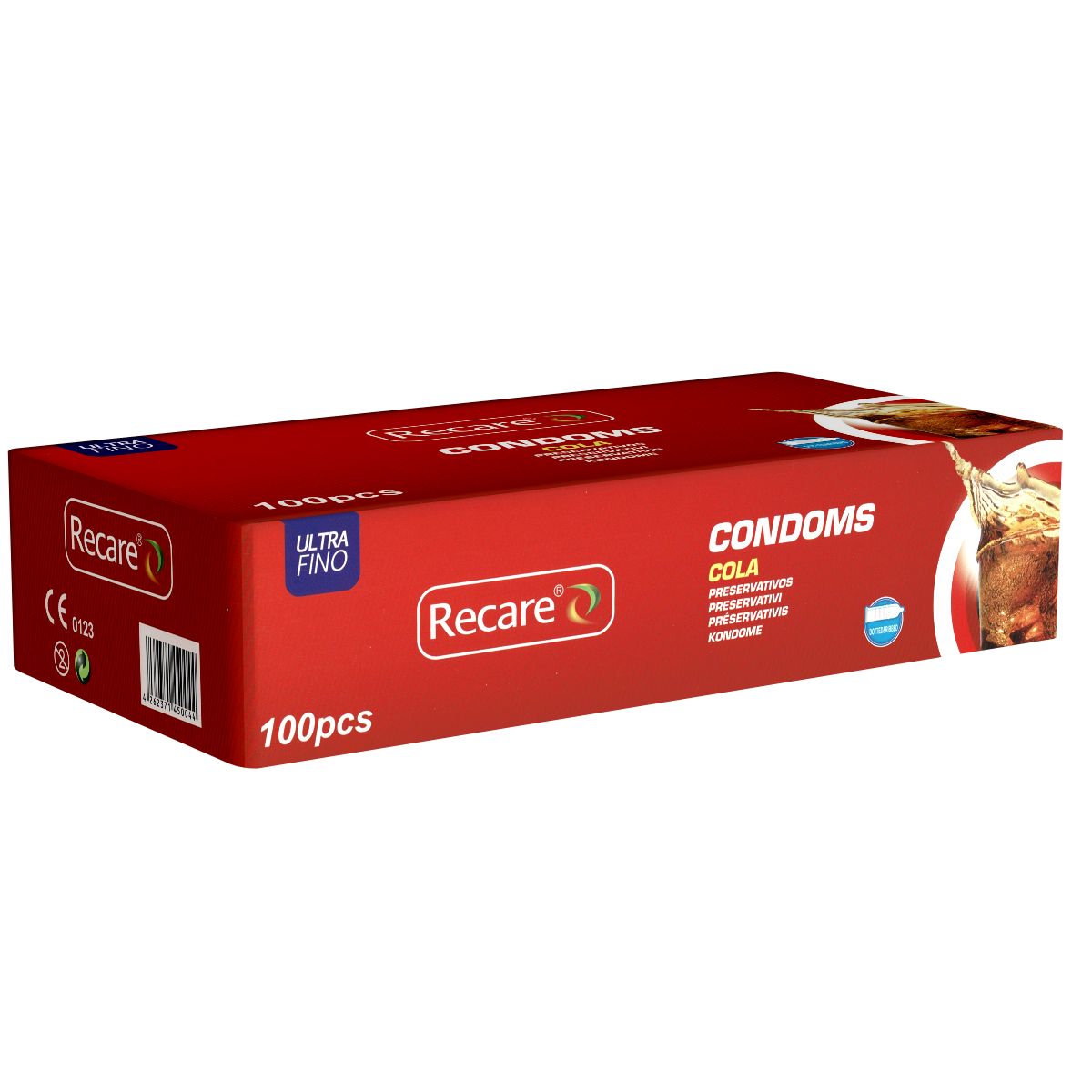Rote Schachtel mit Kondomen. Marke Recare, Aufschrift "Condoms Cola". 100 Stück. Mit Zertifizierungen.