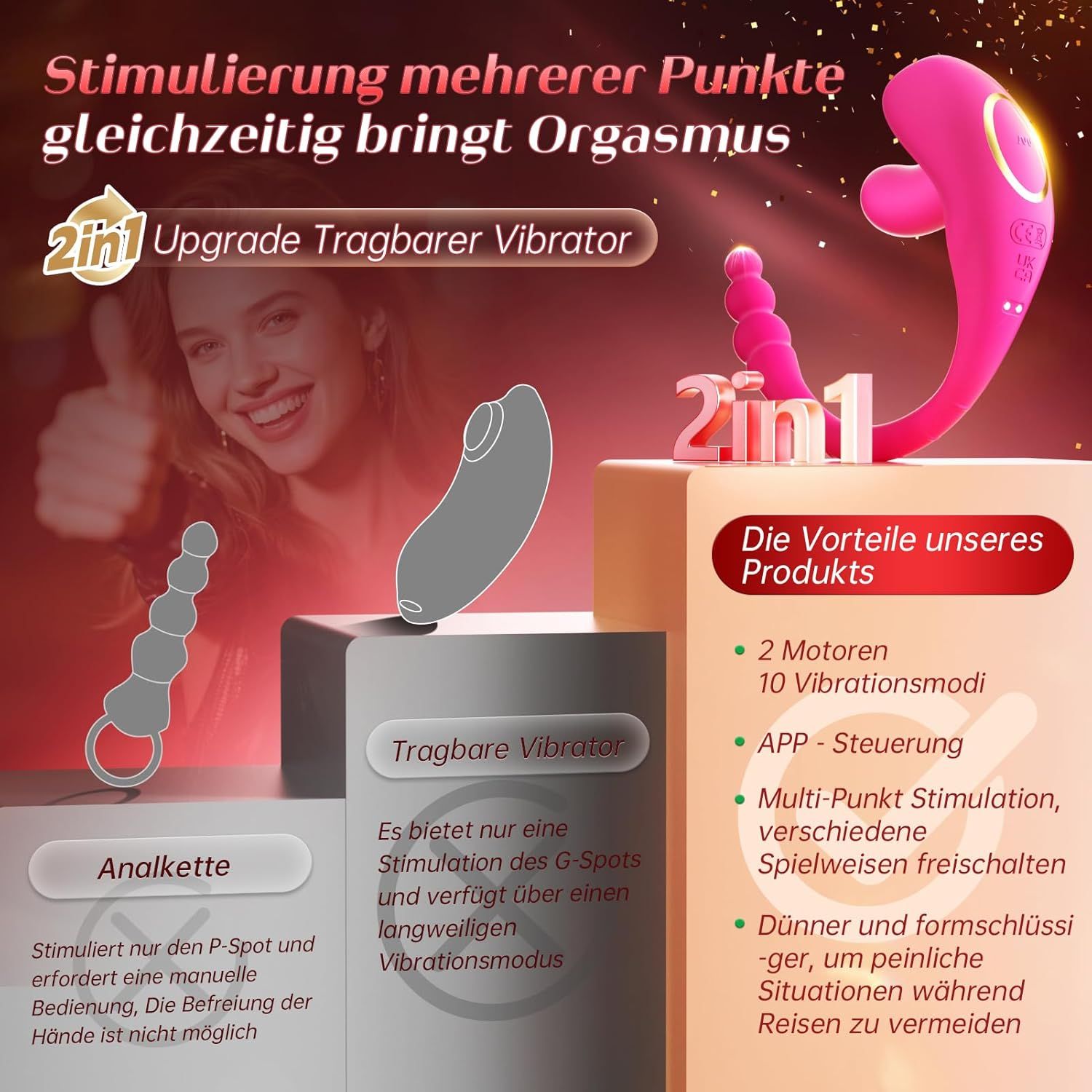 Ein pinker, gebogener Vibrator mit zwei Motoren und 10 Vibrationsmodi.