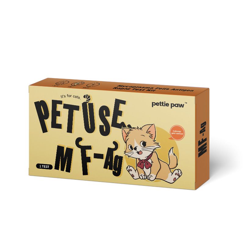 Braune Schachtel mit Aufschrift 'PETuse... M F-Ag' und einer Katzenillustration. Enthält die Aufschrift '2 TEST' und 'pette paw'.