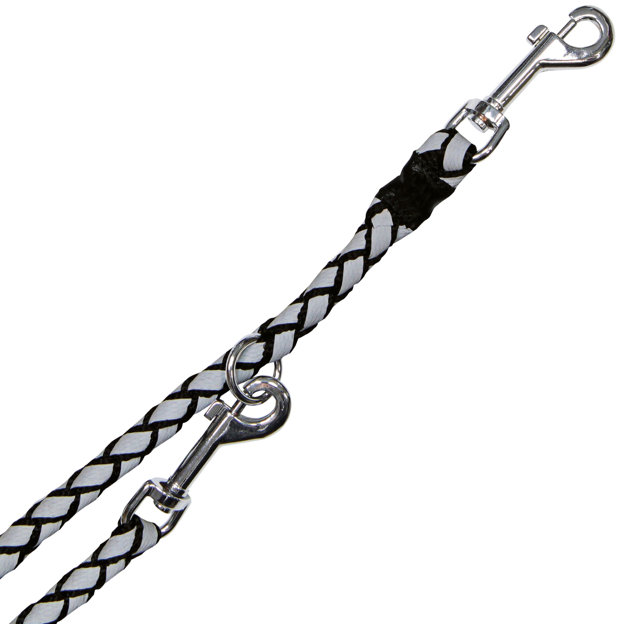 Geflochtene Leine, schwarz-weiß. Zwei Karabinerhaken. Schwarzer Bereich am oberen Ende. Metallringe.