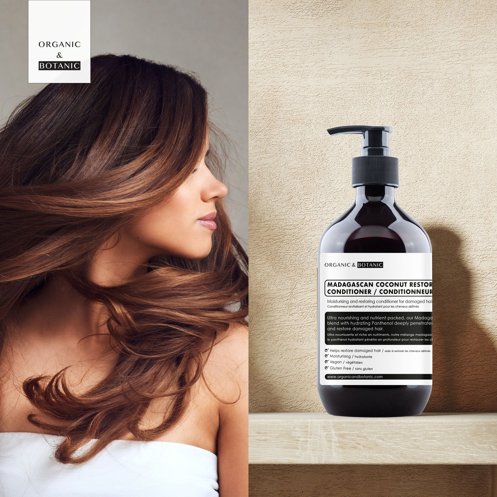 Braune Flasche mit schwarzem Pumpverschluss. Text: MADAGASCAN COCONUT RESTOR CONDITIONER. Marke: Organic & Botanic. Frau mit langen Haaren.