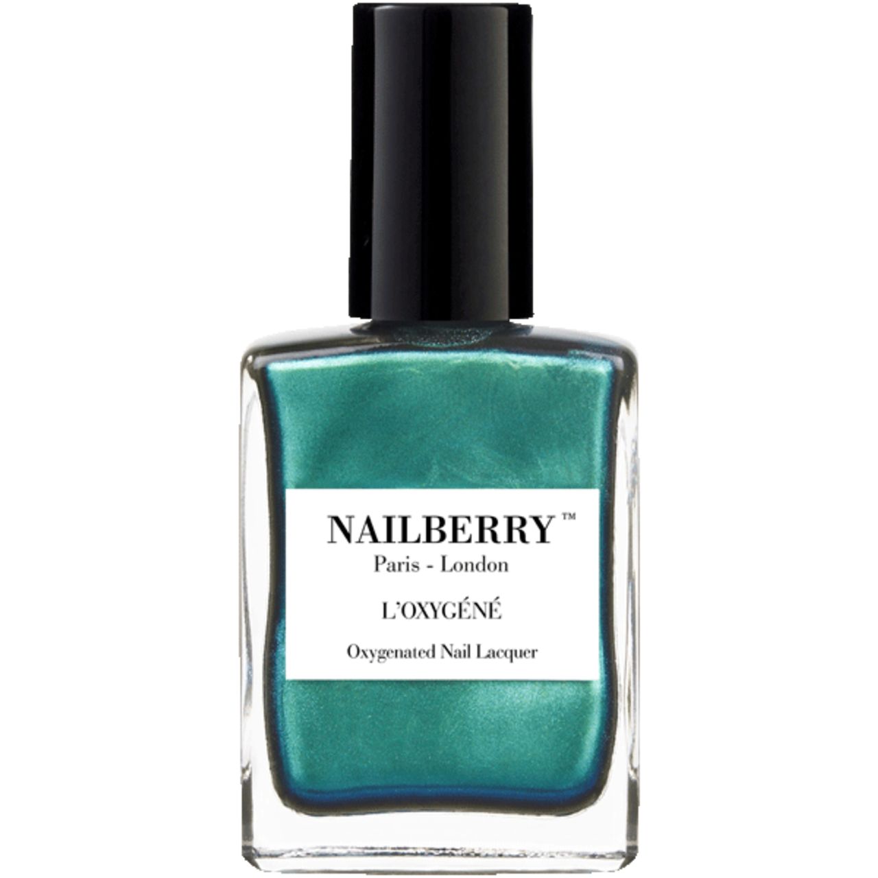 Grüner Nagellackflakon mit schwarzem Deckel. Etikett mit "NAILBERRY" und "L'OXYGÉNÉ".