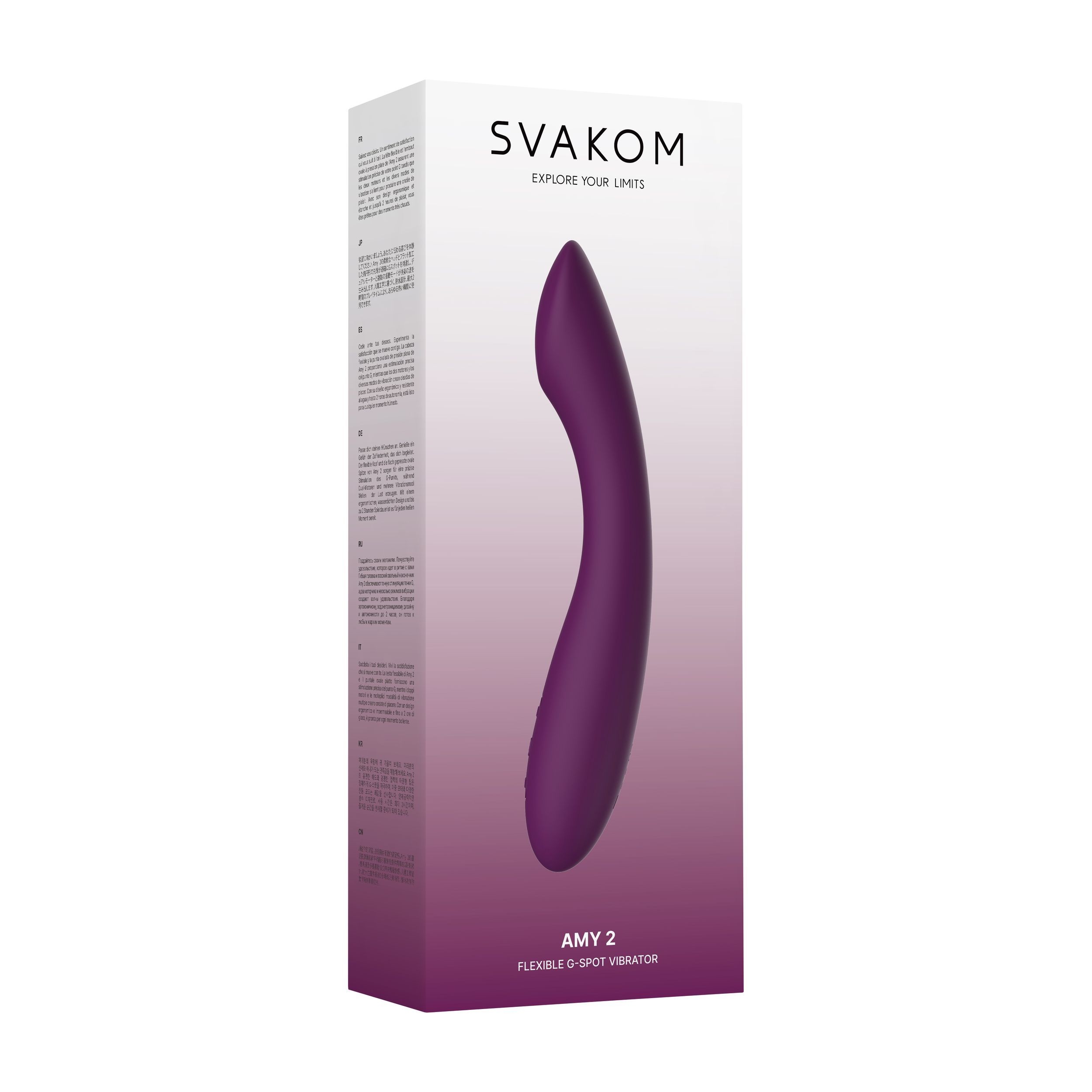 Produktverpackung mit Vibrator. Marke SVAKOM, Modell Amy 2. Flexible G-Punkt Vibrator.