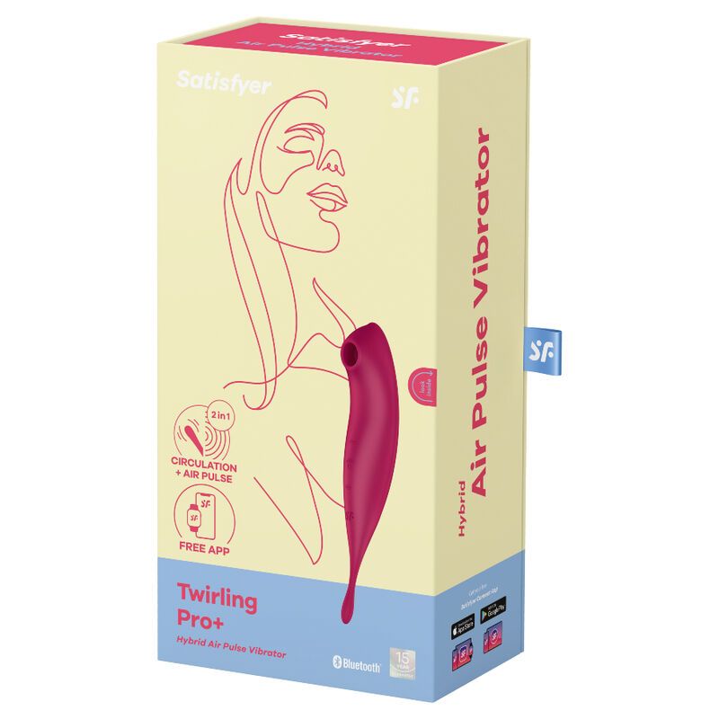 Verpackung mit Produktabbildung. Aufschrift: Satisfyer, Twirling Pro+, Air Pulse Vibrator.