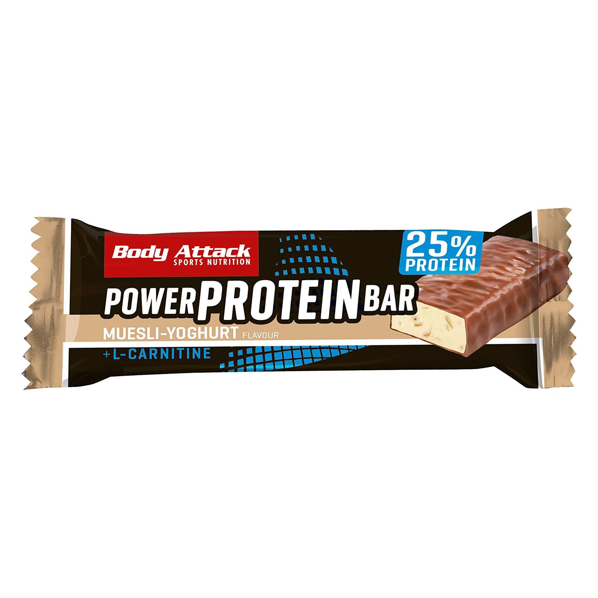 Body Attack Power Protein Bar, Muesli-Yoghurt flavour. The bar is in a gold and black wrapper with the brand name and product information.