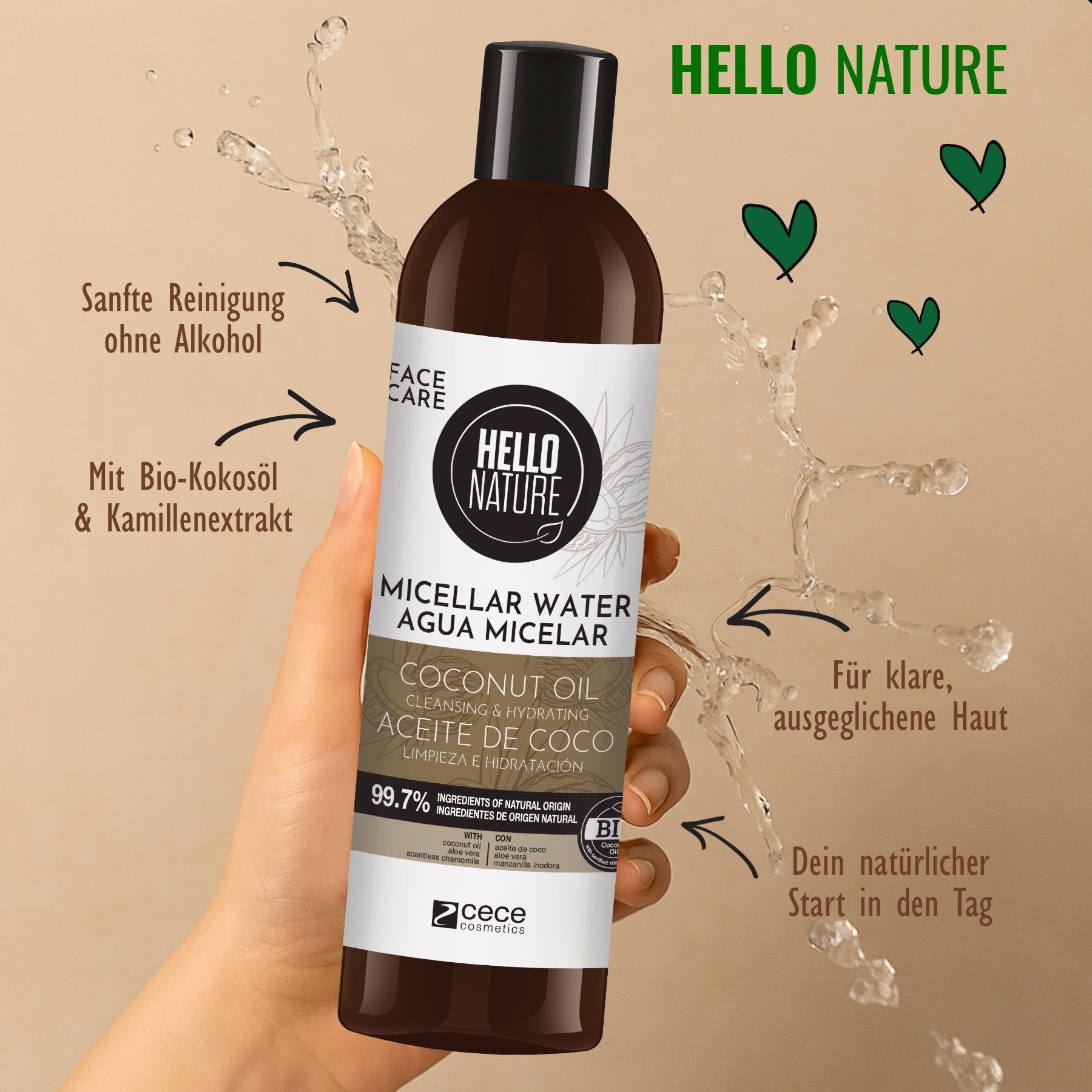 Flasche Mizellenwasser. Logo Hello Nature. Text: Mizellenwasser, Agua Micelar, Coconut Oil. Hand.