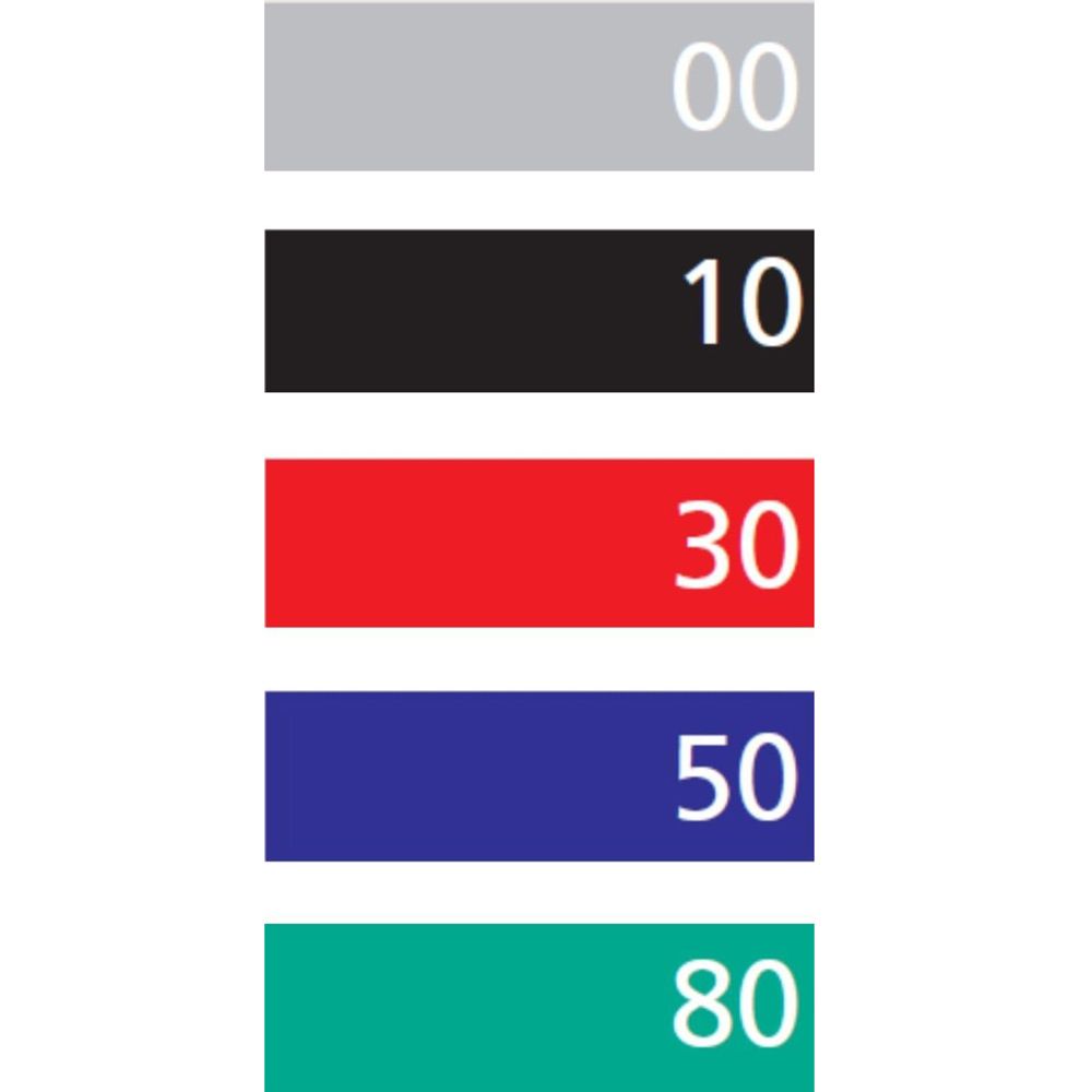 Farbpalette mit fünf Rechtecken: Grau (00), Schwarz (10), Rot (30), Blau (50), Grün (80).