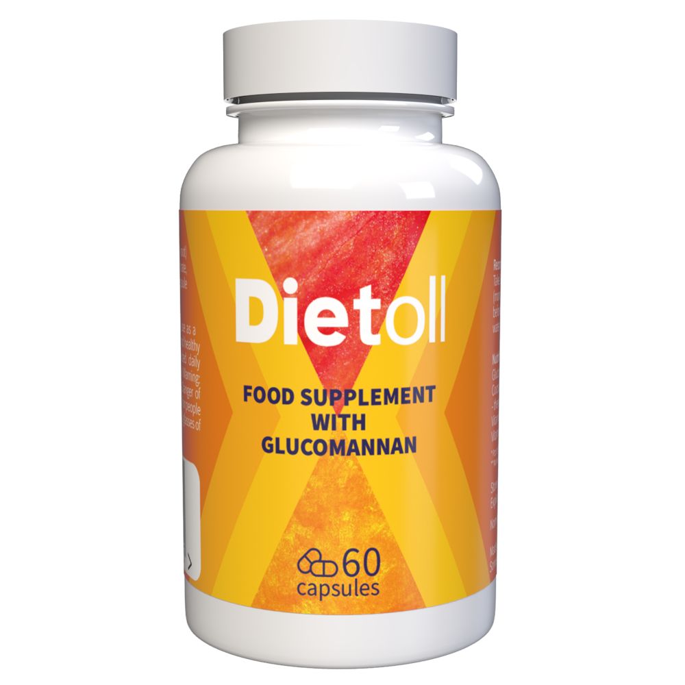 Weiße Flasche mit "Dietoll"-Aufdruck. Enthält 60 Kapseln. Gelb-oranges Etikett mit Produktinformationen.