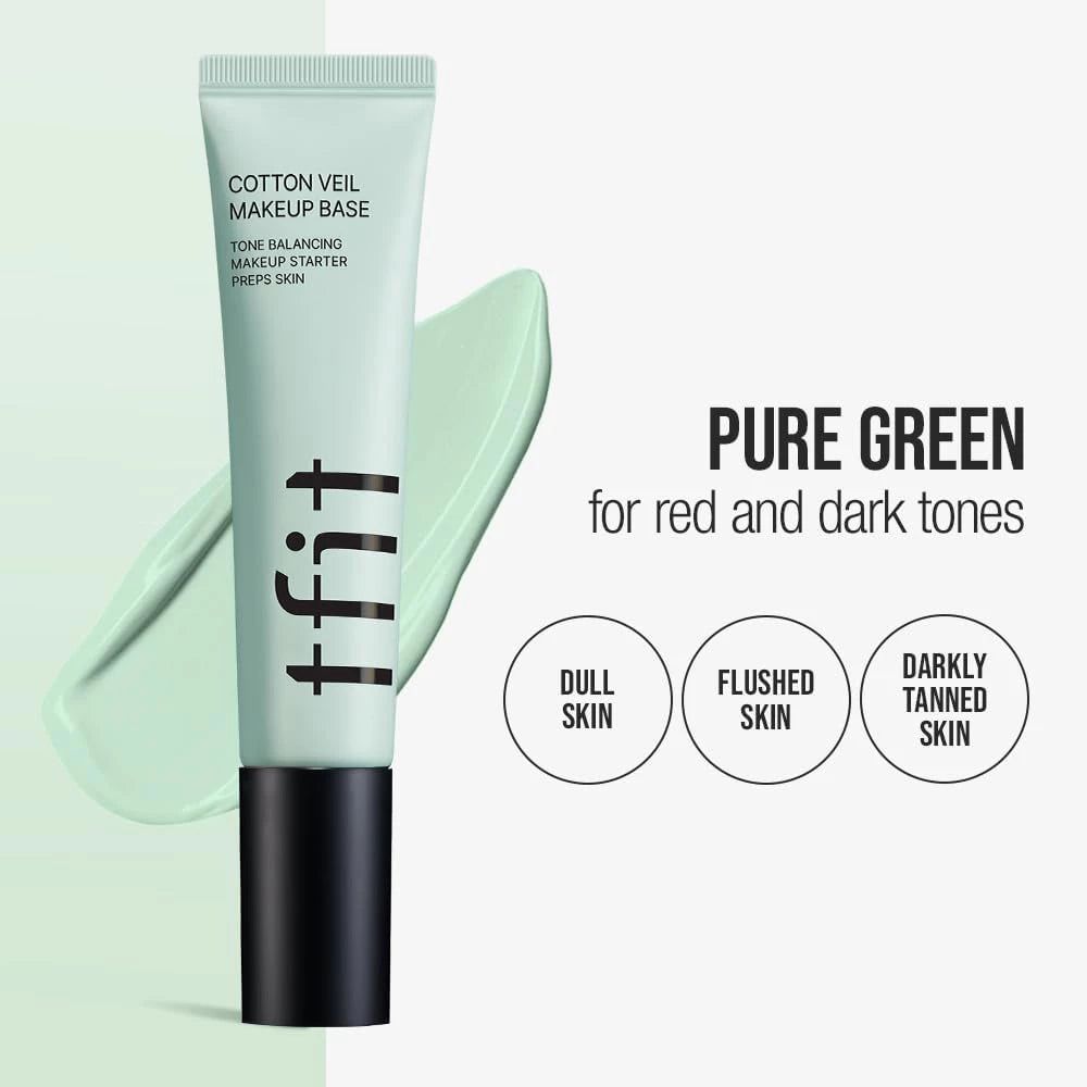 Hellgrüne Tube mit "tfit" Logo und "Cotton Veil Makeup Base" Aufschrift. Daneben ein grüner Swatch.
