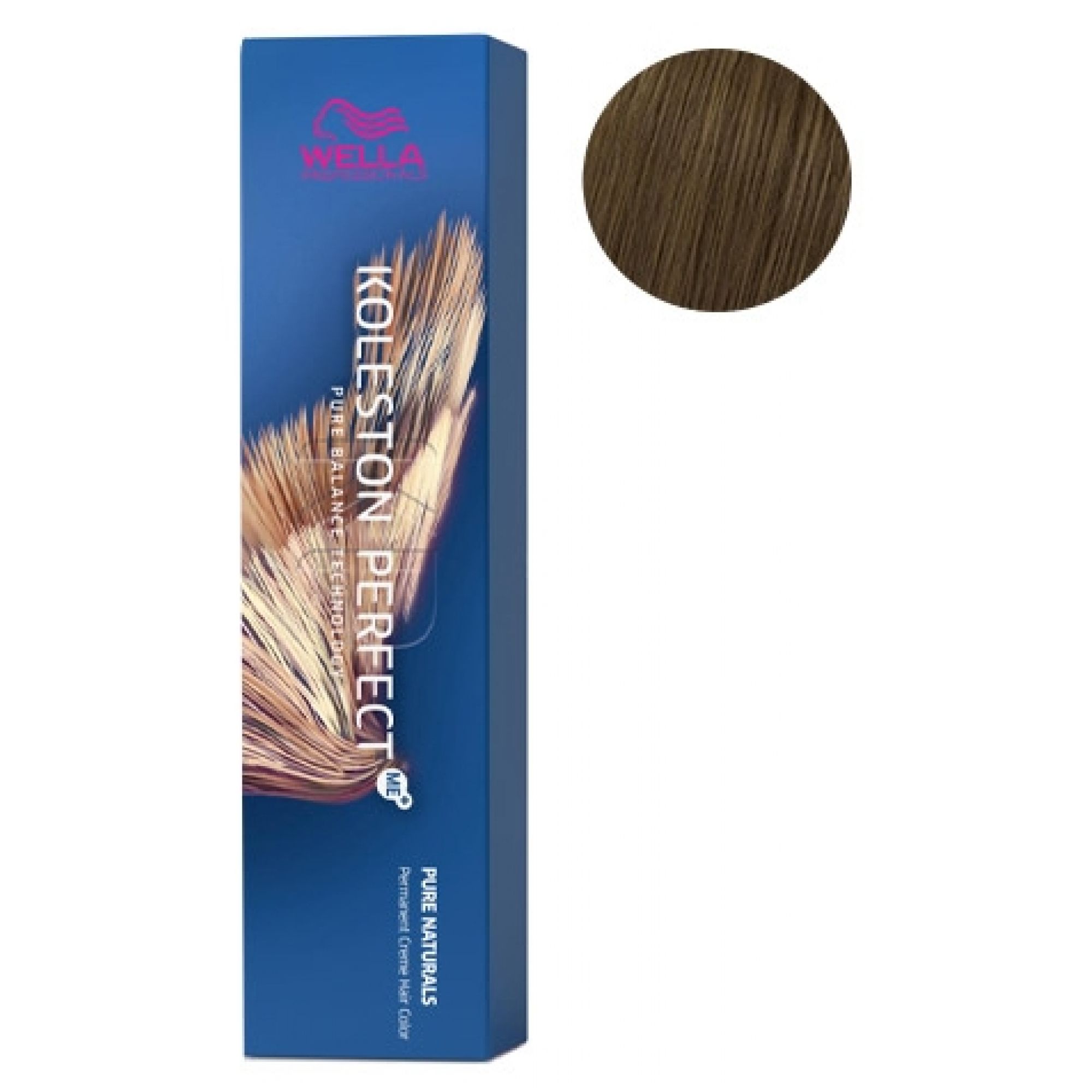 Wella Koleston-Haarfarbe Perfect ME+ 5/0 Hellkastanienbraun. Packung mit Farbprobe.