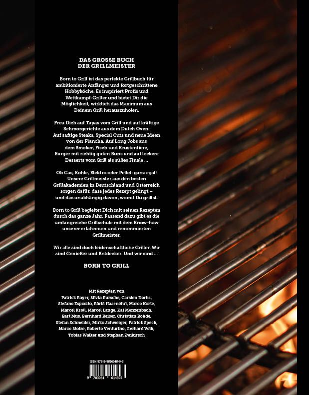 Buchrücken "Born to Grill". Text auf Deutsch. Grillrost-Hintergrund. ISBN-Nummer.