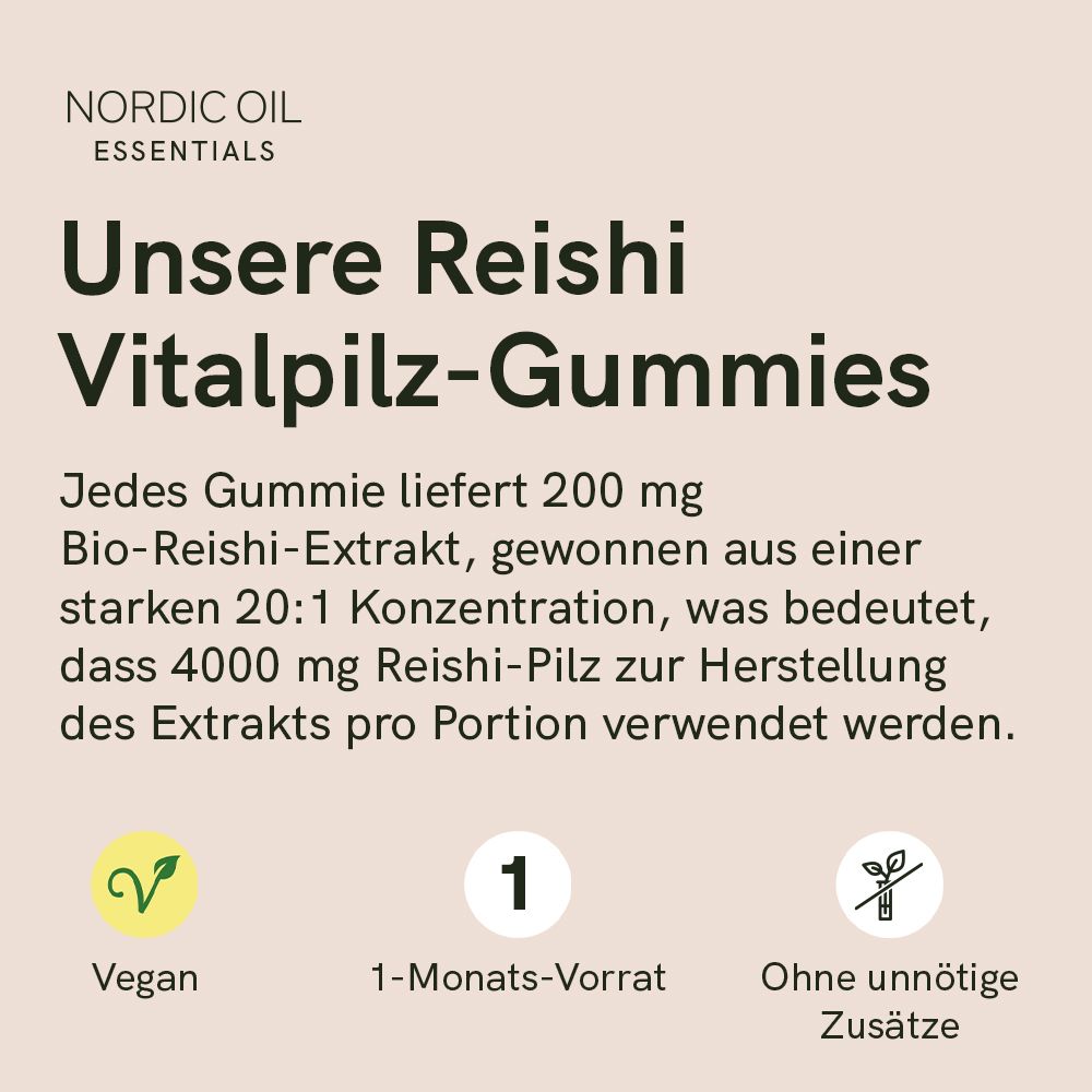 Text: Unsere Reishi Vitalpilz-Gummies. Jedes Gummie liefert 200 mg Bio-Reishi-Extrakt. Vegan, 1-Monats-Vorrat, ohne Zusätze. Logo: Nordic Oil Essentials.
