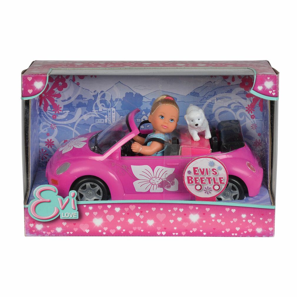 Verpackung mit rosa Spielzeugauto, Puppe und Hund. Evi Love EL Evi's Beetle. Puppe sitzt im Auto.