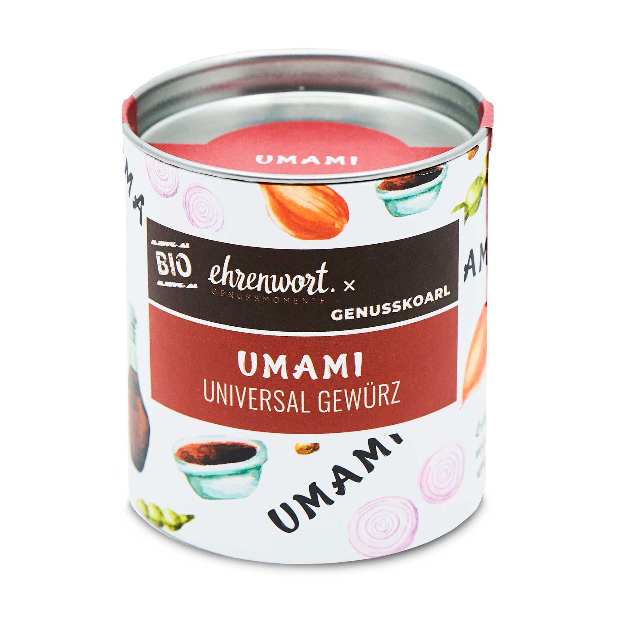 Zylindrische Dose mit Deckel. Aufschrift: UMAMI Universal Gewürz. Logo: Bio. Marke: ehrenwort. x Genusskoarl.