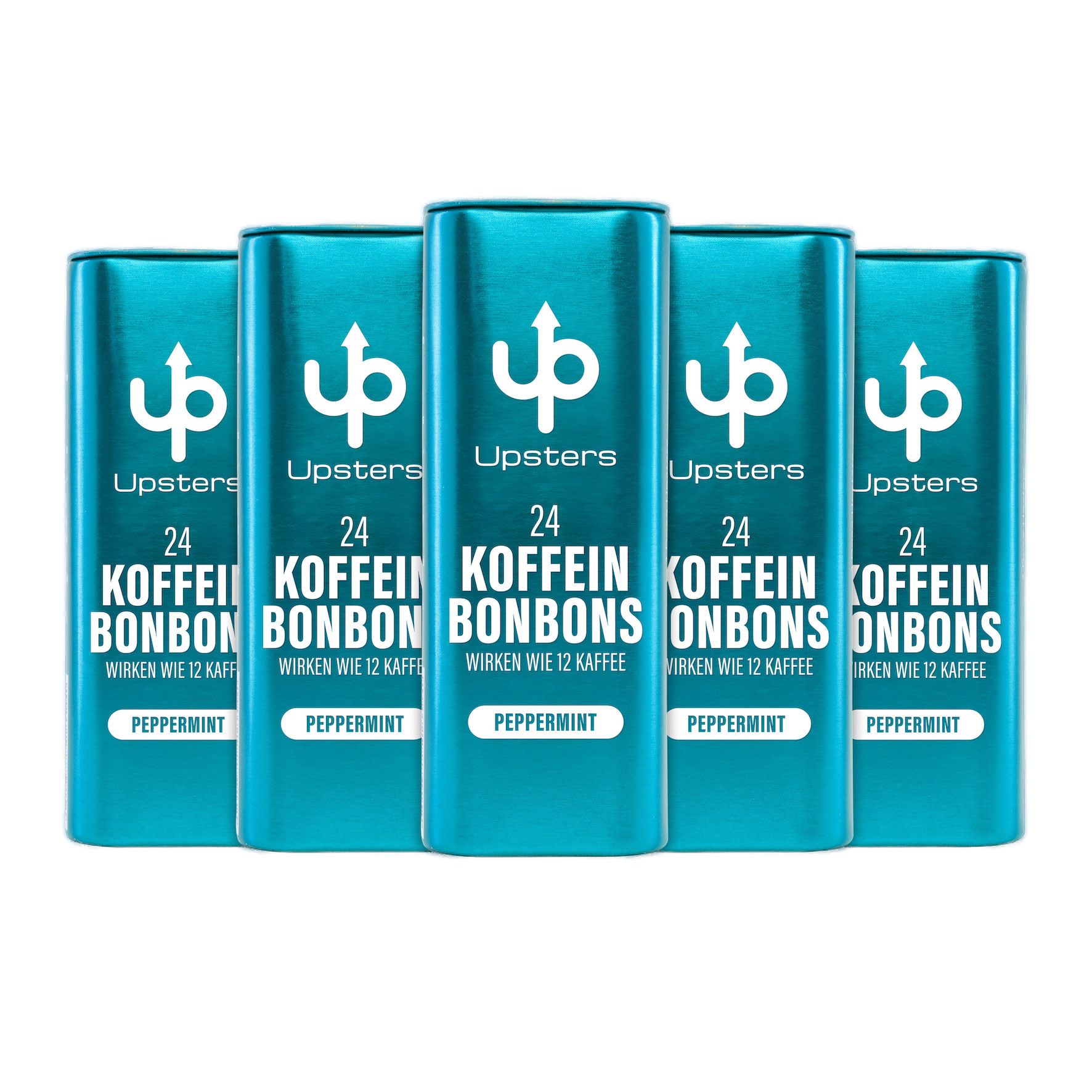 Fünf blaue Dosen Upsters Koffeinbonbons, Pfefferminze. Auf weißem Hintergrund.