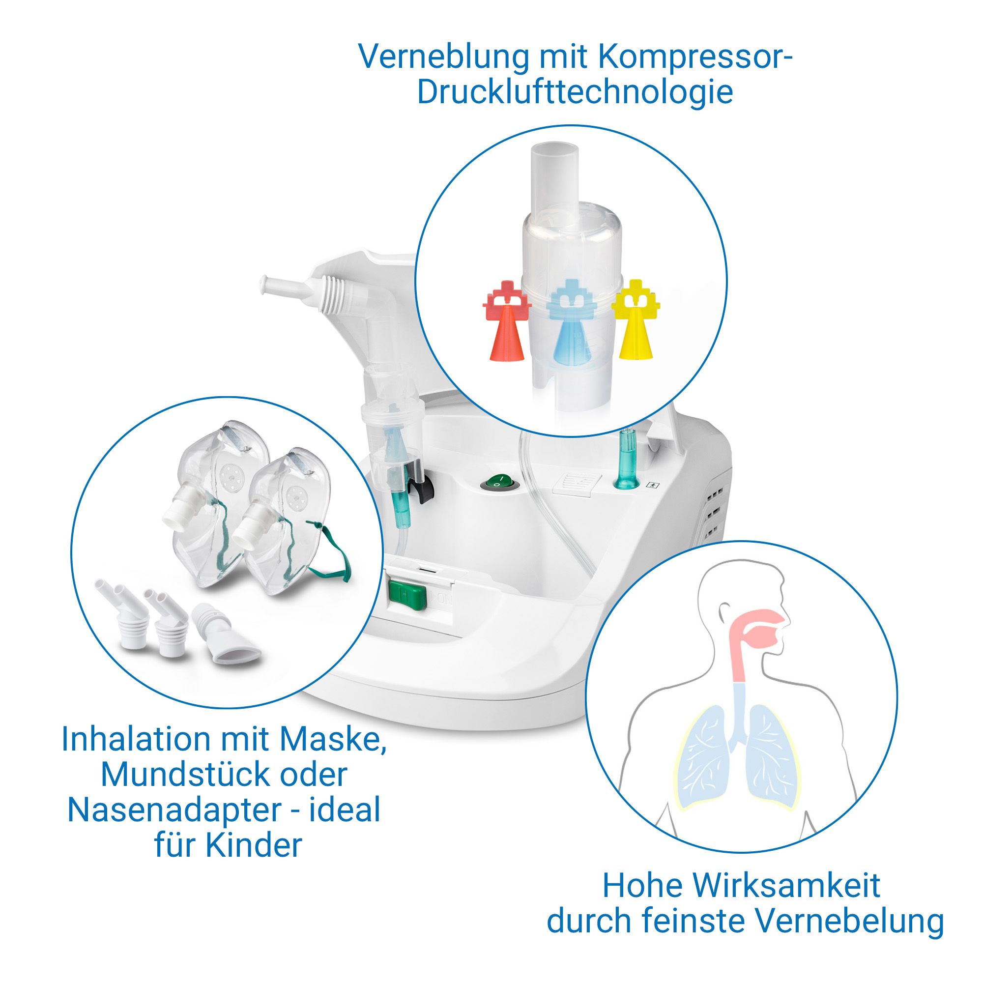 Medisana Inhalator mit Kompressor-Drucklufttechnologie. Zubehör: Masken, Mundstück, Nasenadapter. Für Kinder geeignet.