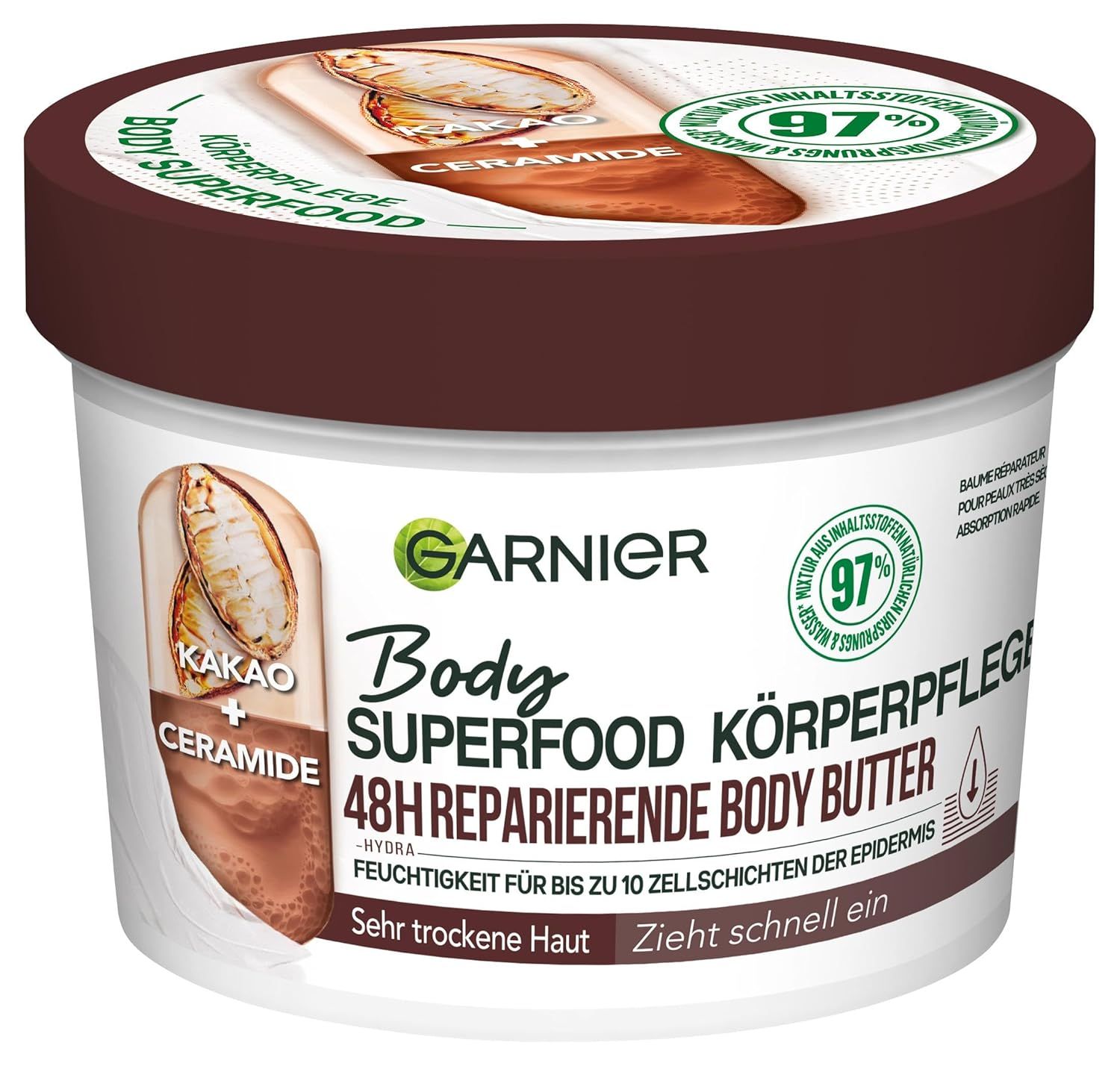 Weißer Tiegel mit braunem Deckel. Aufschrift: Garnier Body Superfood Kakaobutter. Mit Kakao und Ceramide. 97% Inhaltsstoffe natürlichen Ursprungs.