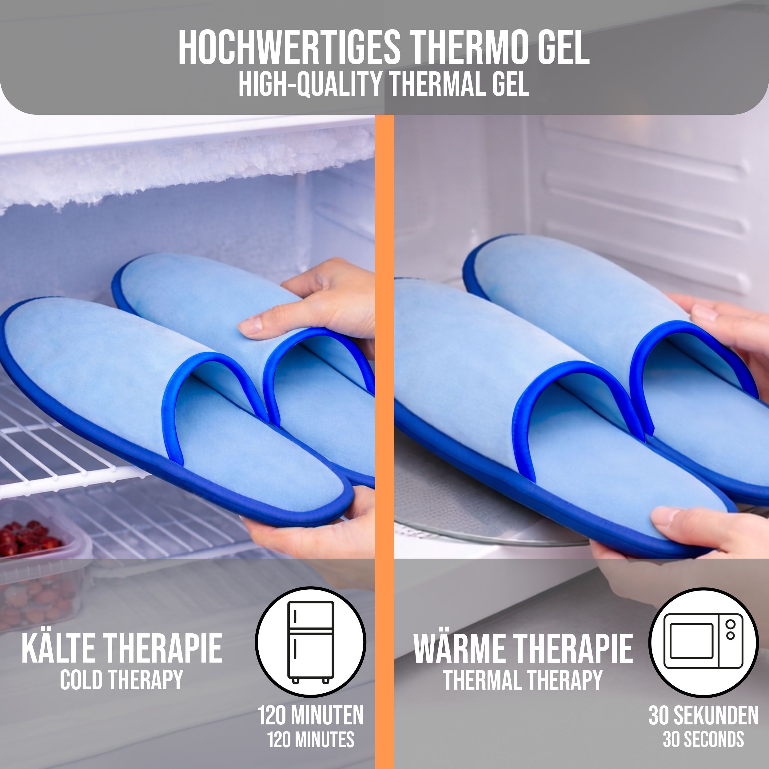 Hellblaue Slipper werden in einen Kühlschrank und eine Mikrowelle gelegt. Text: Kältetherapie, Wärmetherapie. Zeitangaben: 120 Minuten, 30 Sekunden.