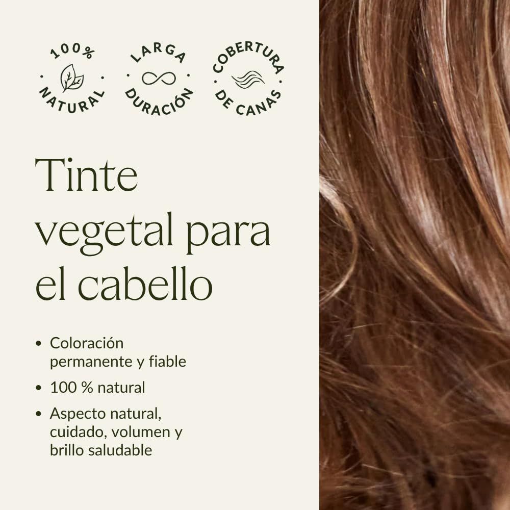Text auf weißem Hintergrund: 'Tinte vegetal para el cabello'. Logos für '100% natural', 'Larga duración', 'Cobertura de canas'.