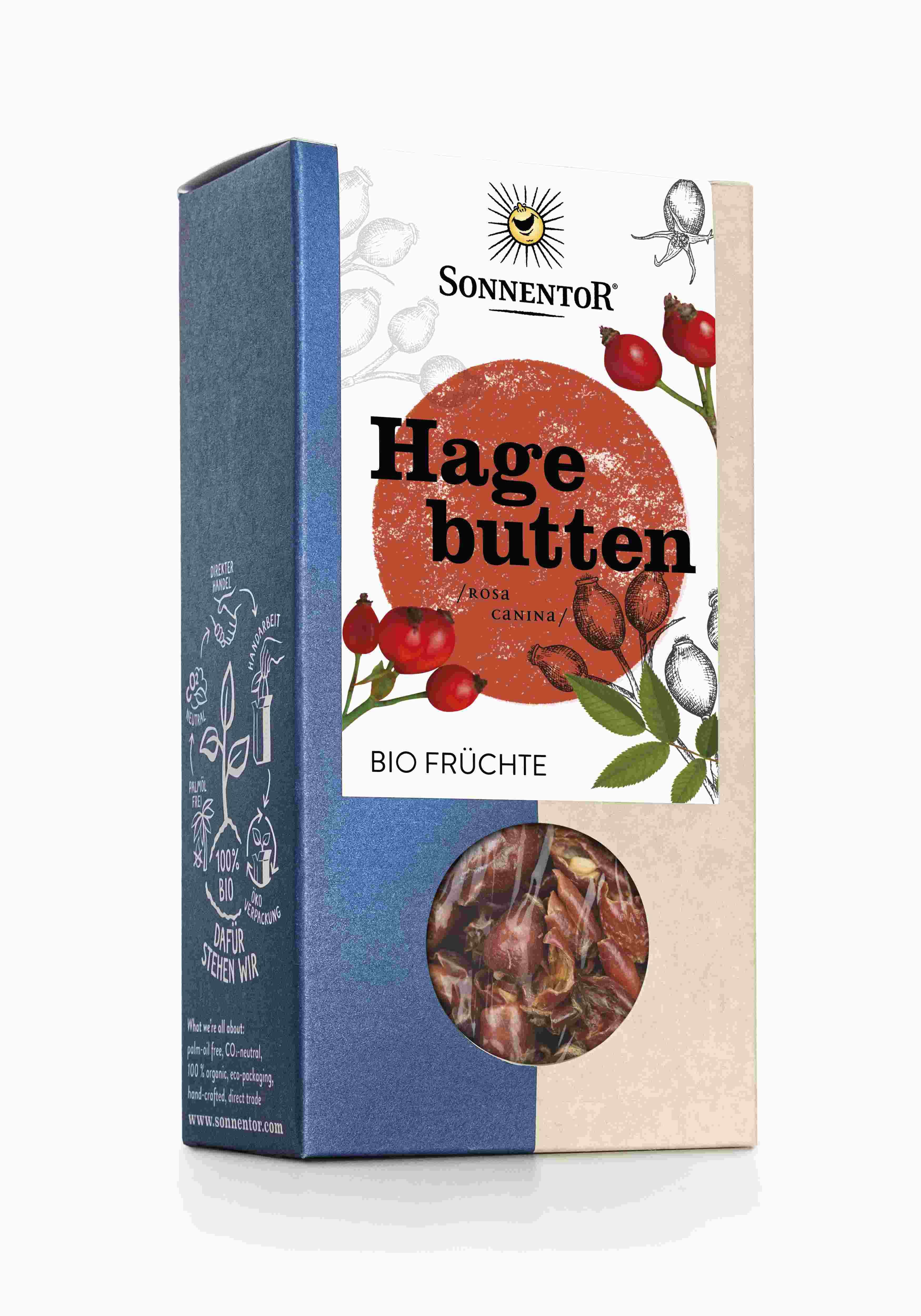 Verpackung von SonnentoR Hagebutten lose bio. Blaue und beige Schachtel mit Sichtfenster. Aufdruck: Hagebutten, Bio Früchte.
