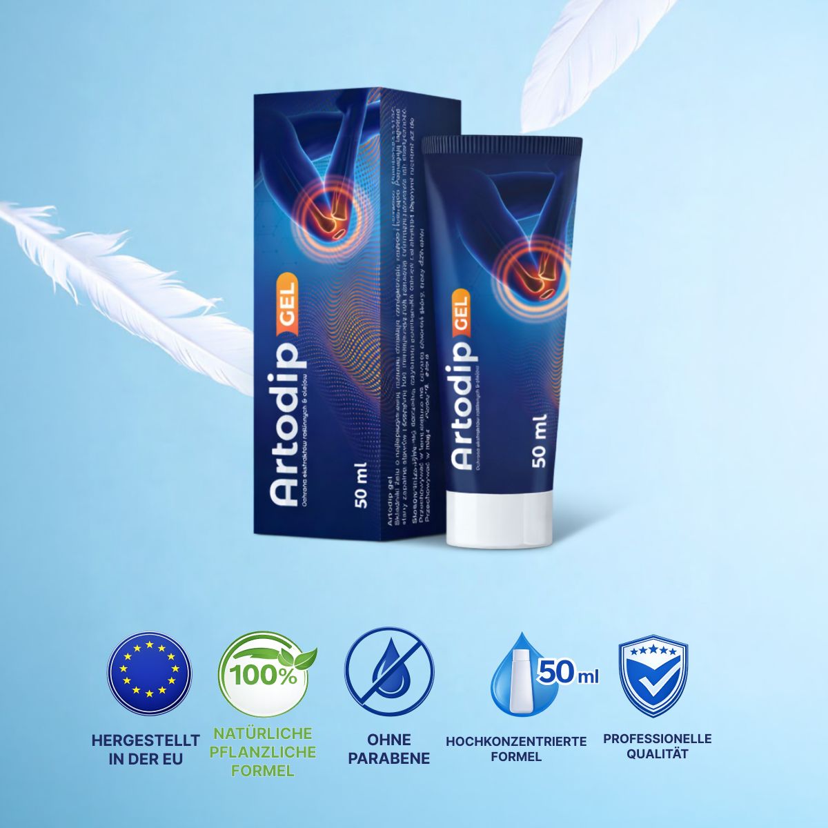 Tube und Schachtel mit Produktnamen und Logo. Logos: EU, 100% natürlich, ohne Parabene, 50 ml, professionelle Qualität.