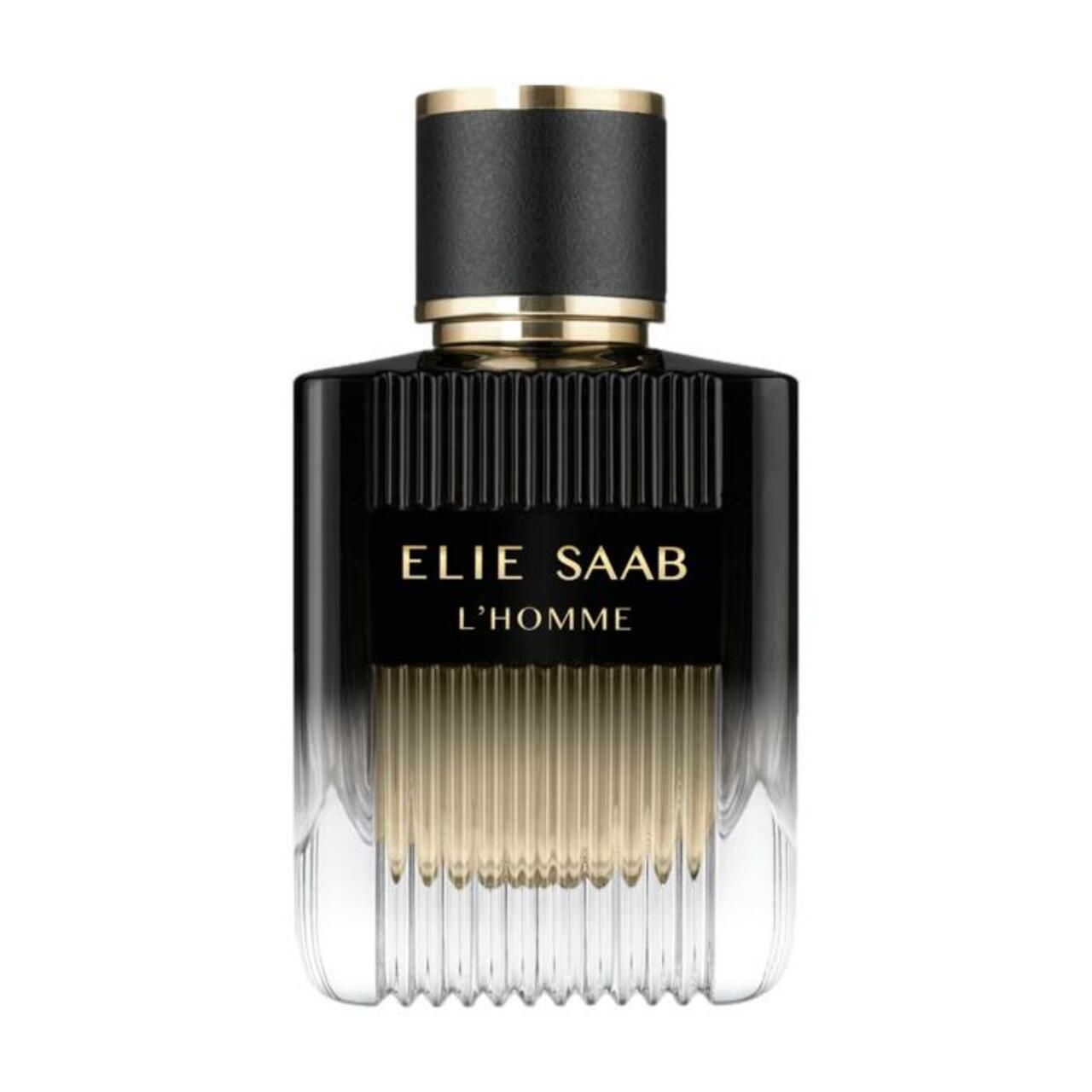 Schwarzer Flakon mit goldfarbenen Akzenten. Aufschrift: ELIE SAAB L'HOMME. Vertikale Linien auf dem Flakon.