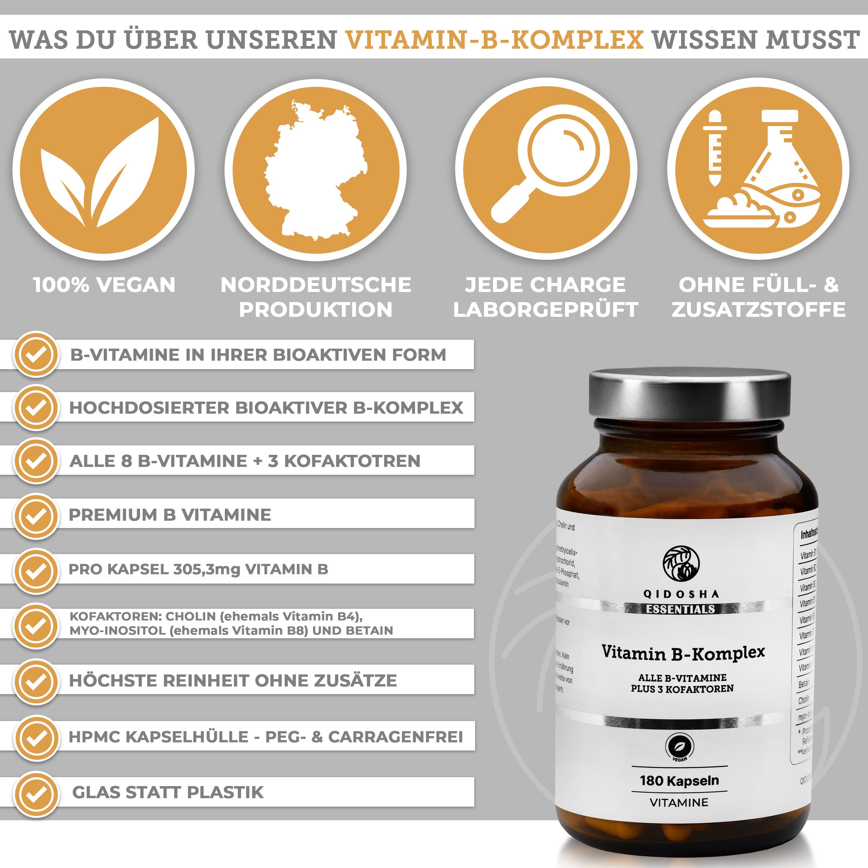 QIDOSHA Vitamin B-Komplex Flasche mit 180 Kapseln und Informationen zu Inhaltsstoffen und Siegeln.