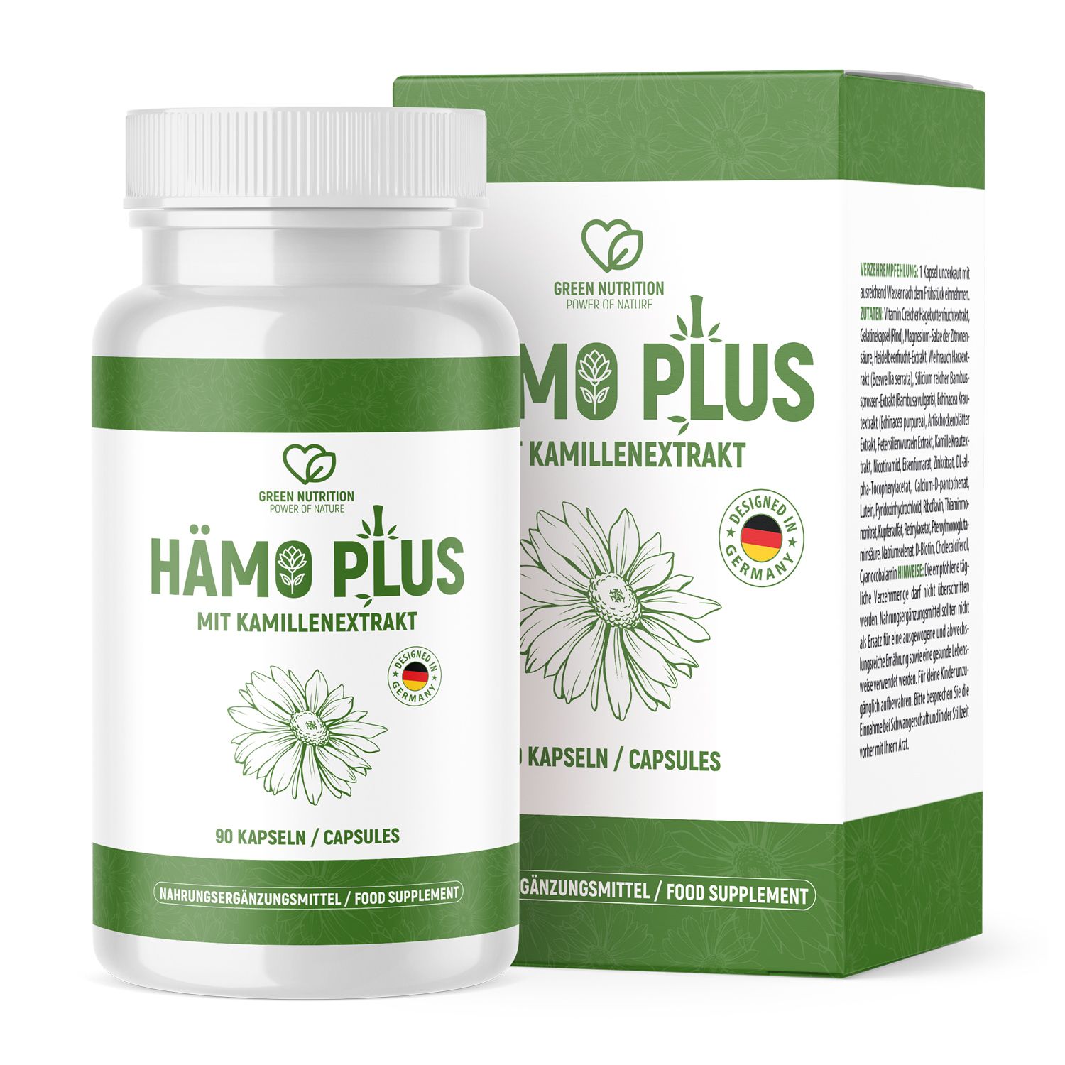 Hämo Plus Kapseln Flasche und Schachtel. Flasche: weiß, grünes Etikett, 90 Kapseln. Schachtel: grün, Produktinformationen.