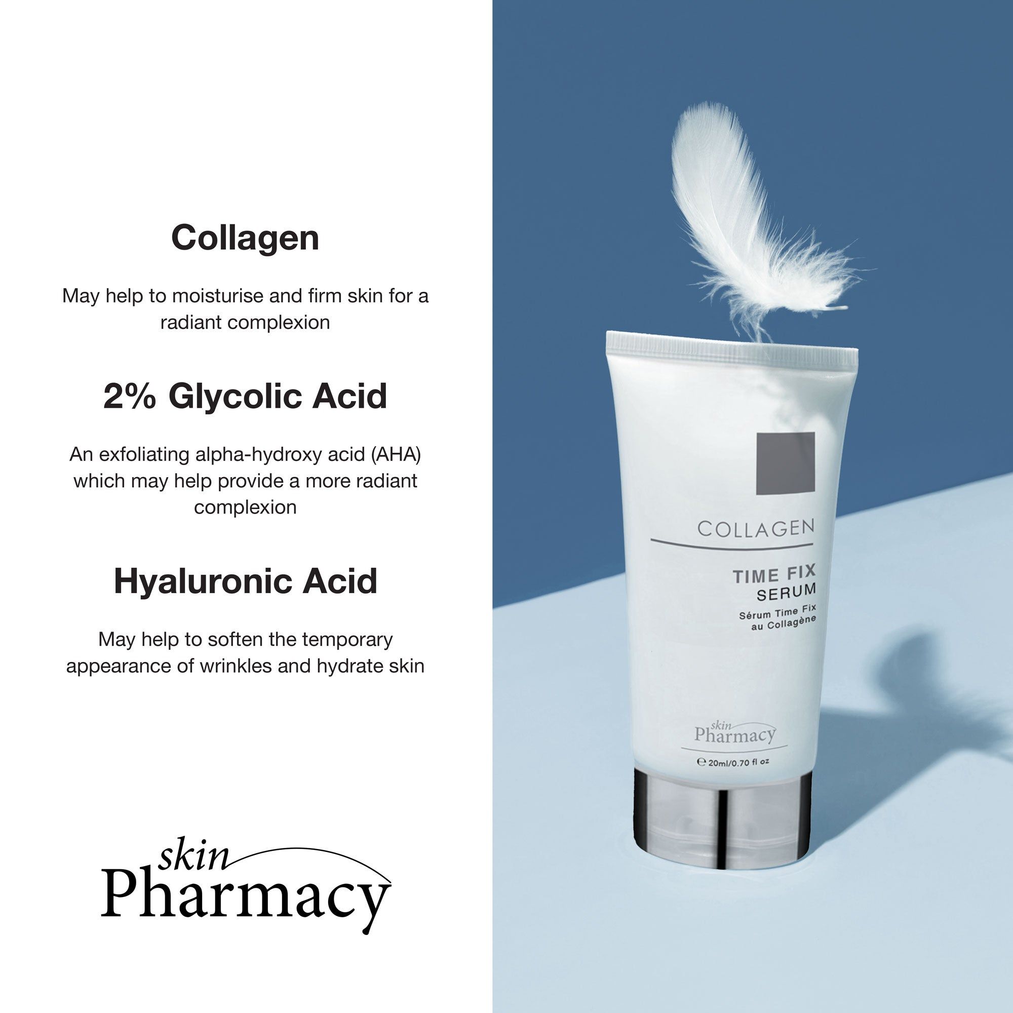 Weiße Tube mit Aufschrift: Collagen Time Fix Serum. Marke: skinPharmacy. Text: Collagen, 2% Glykolsäure, Hyaluronsäure. Feder.