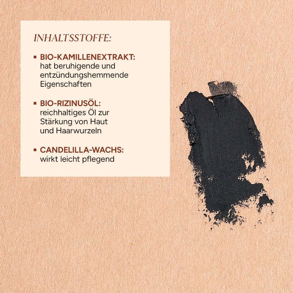 Text neben schwarzem Kajalstrich. Text: Bio-Kamillenextrakt, Bio-Rizinusöl, Candelilla-Wachs.