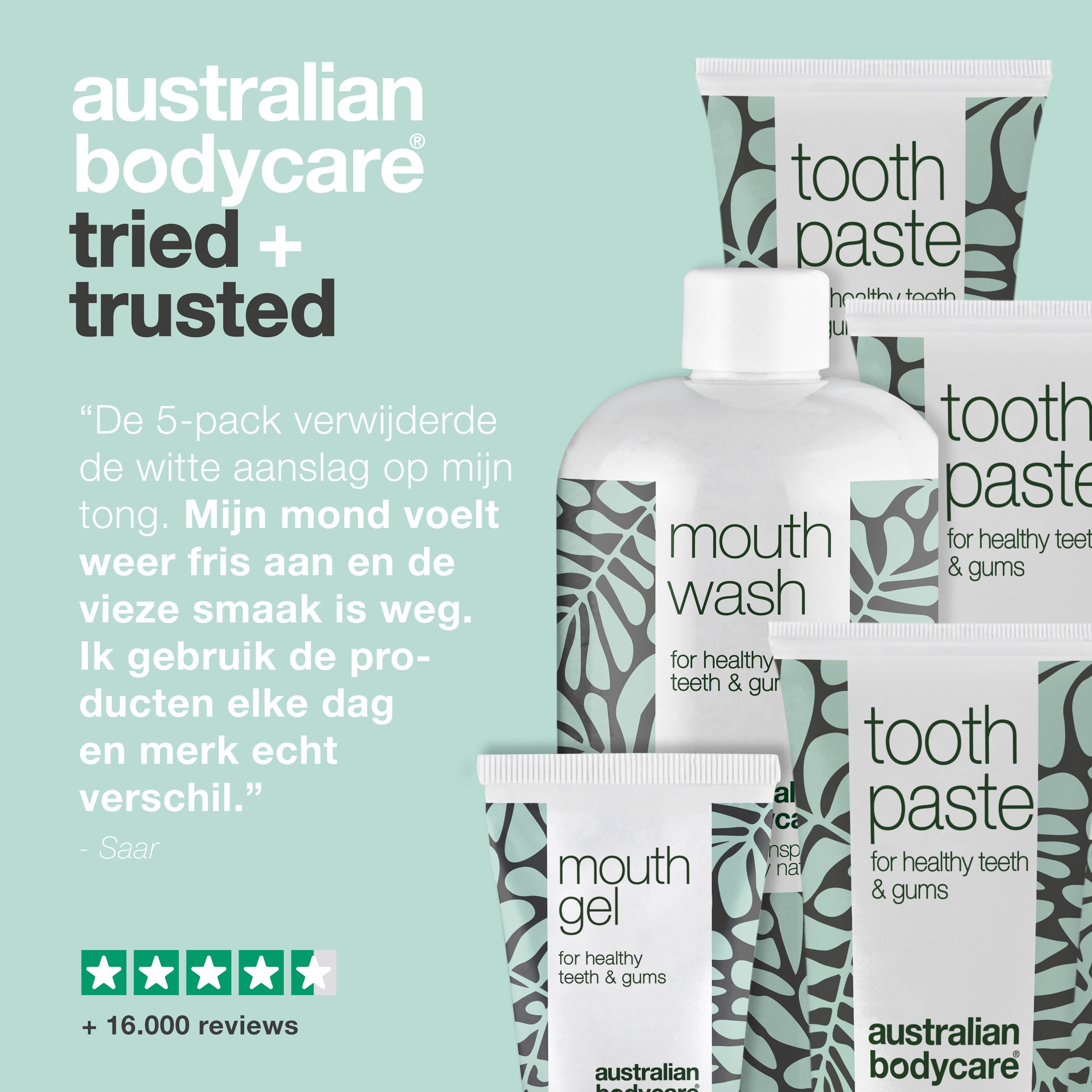 Tekst: Australian Bodycare tried + trusted. Citaten en beoordelingen. Nederlandse tekst.