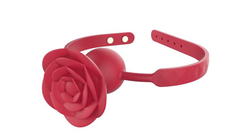 Roter Mundknebel mit Rosenblüten-Design. Besteht aus einem Band und einer Kugel mit Rosenblüte. Auf weißem Hintergrund.