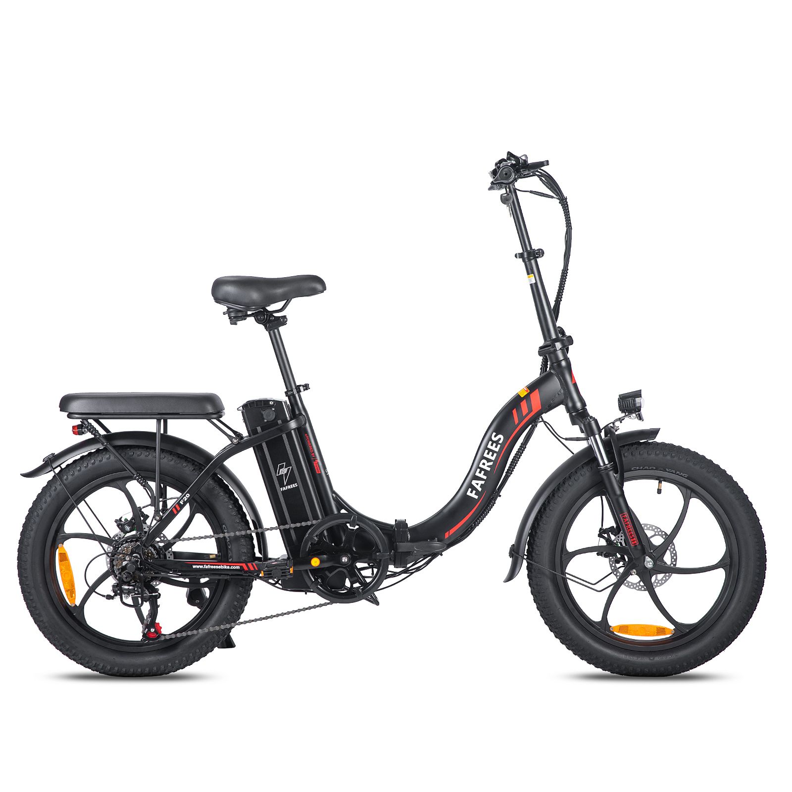 Schwarzes Falt-E-Bike FAFREES F20. Sichtbar: Sattel, Gepäckträger, Schutzbleche, Scheibenbremsen, Akku. Rote Akzente am Rahmen.